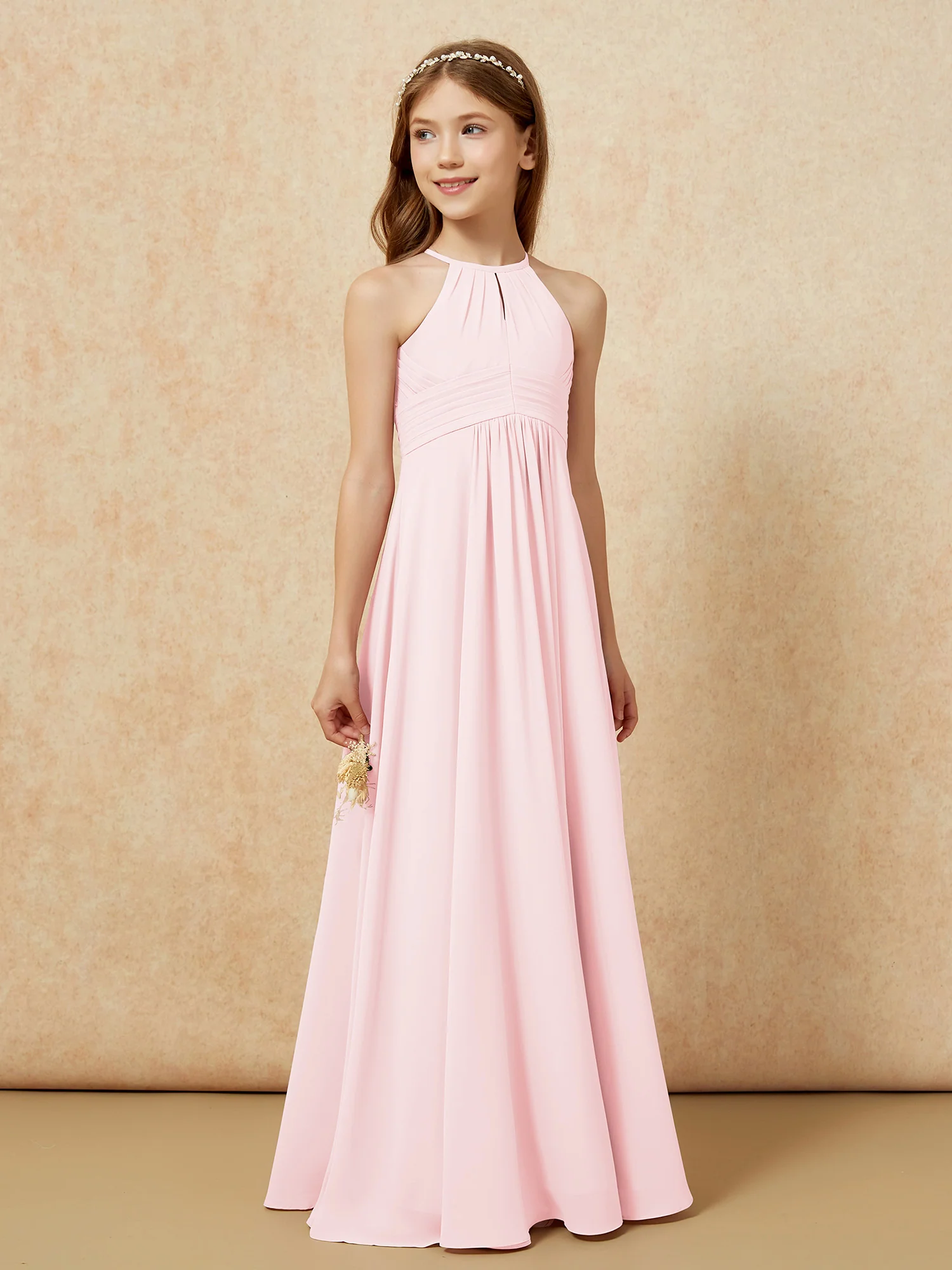 Simple Sleeveless Empire Long Junior Bridesmaid Dress Blushing Pink - Image 4