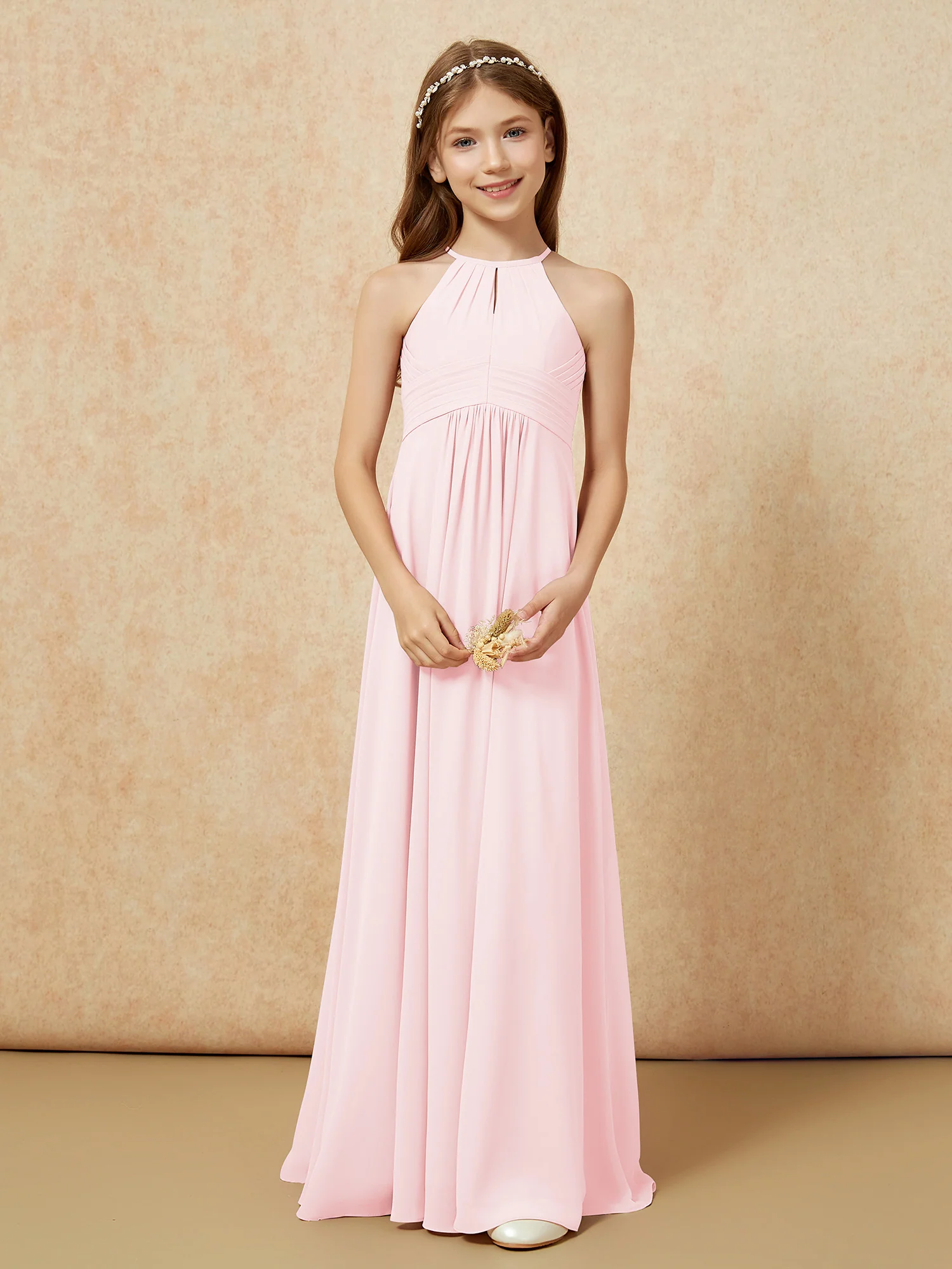 Simple Sleeveless Empire Long Junior Bridesmaid Dress Blushing Pink - Image 5