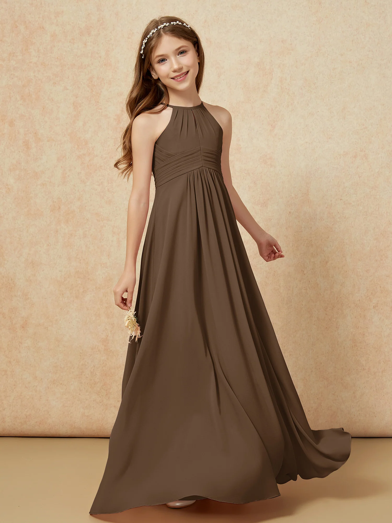Simple Sleeveless Empire Long Junior Bridesmaid Dress Brown - Image 3
