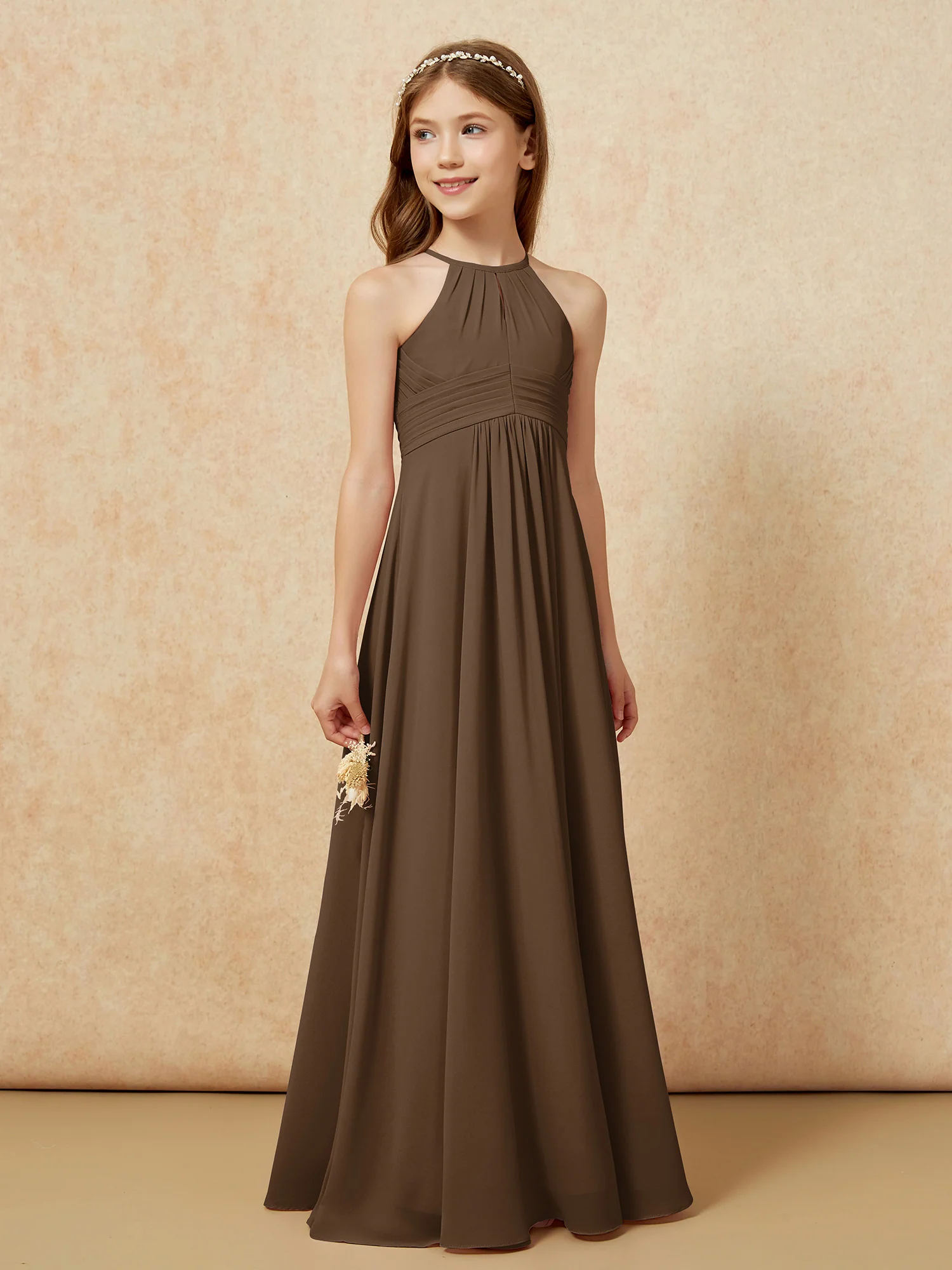 Simple Sleeveless Empire Long Junior Bridesmaid Dress Brown - Image 4