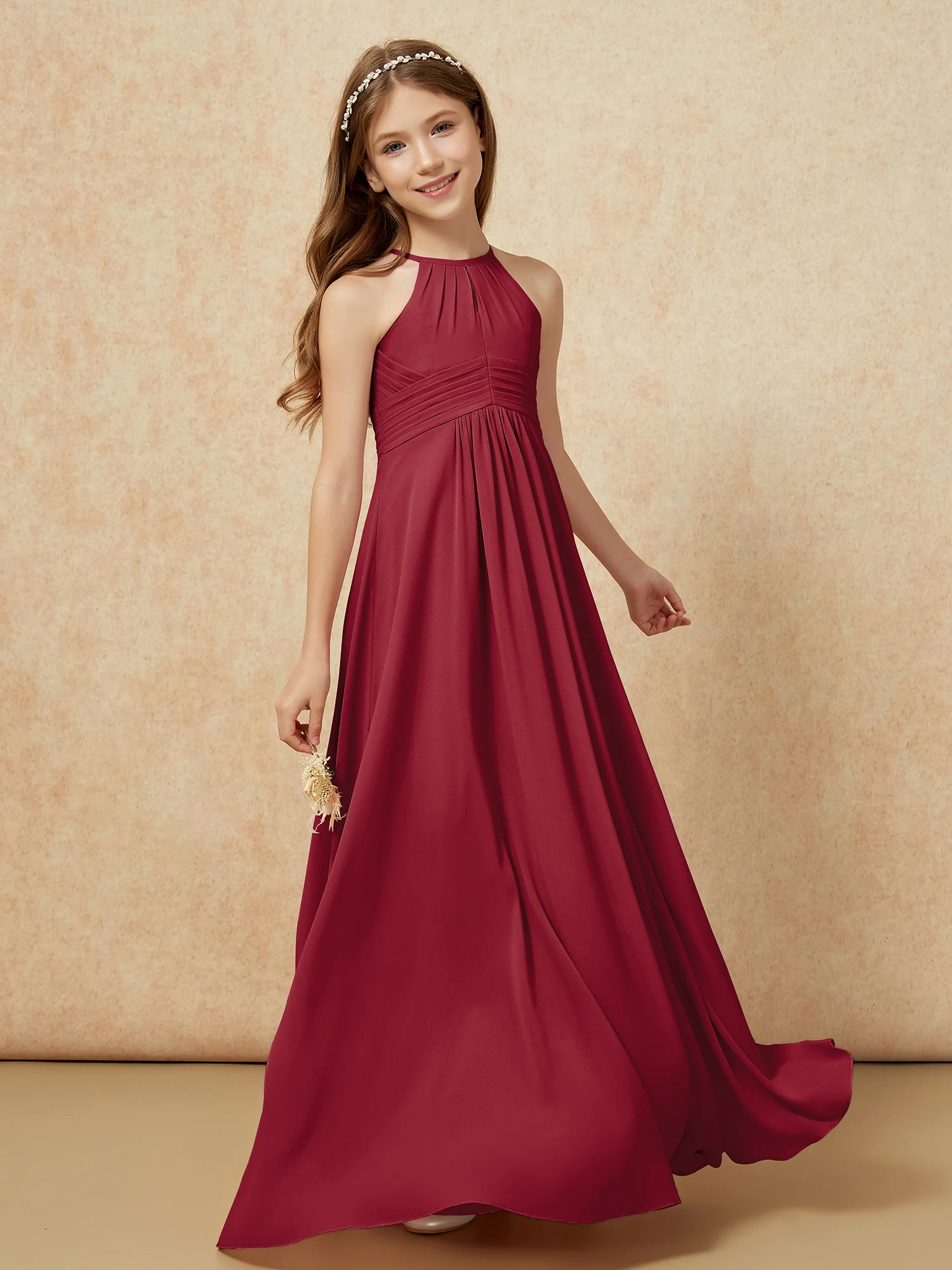 Simple Sleeveless Empire Long Junior Bridesmaid Dress Burgundy - Image 3