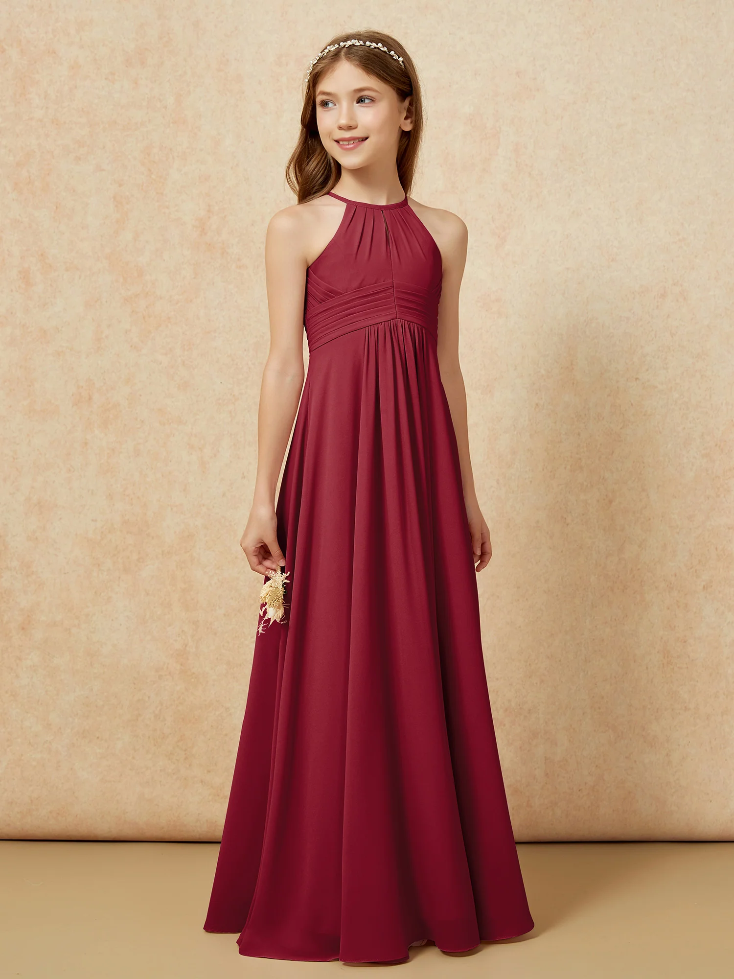 Simple Sleeveless Empire Long Junior Bridesmaid Dress Burgundy - Image 4