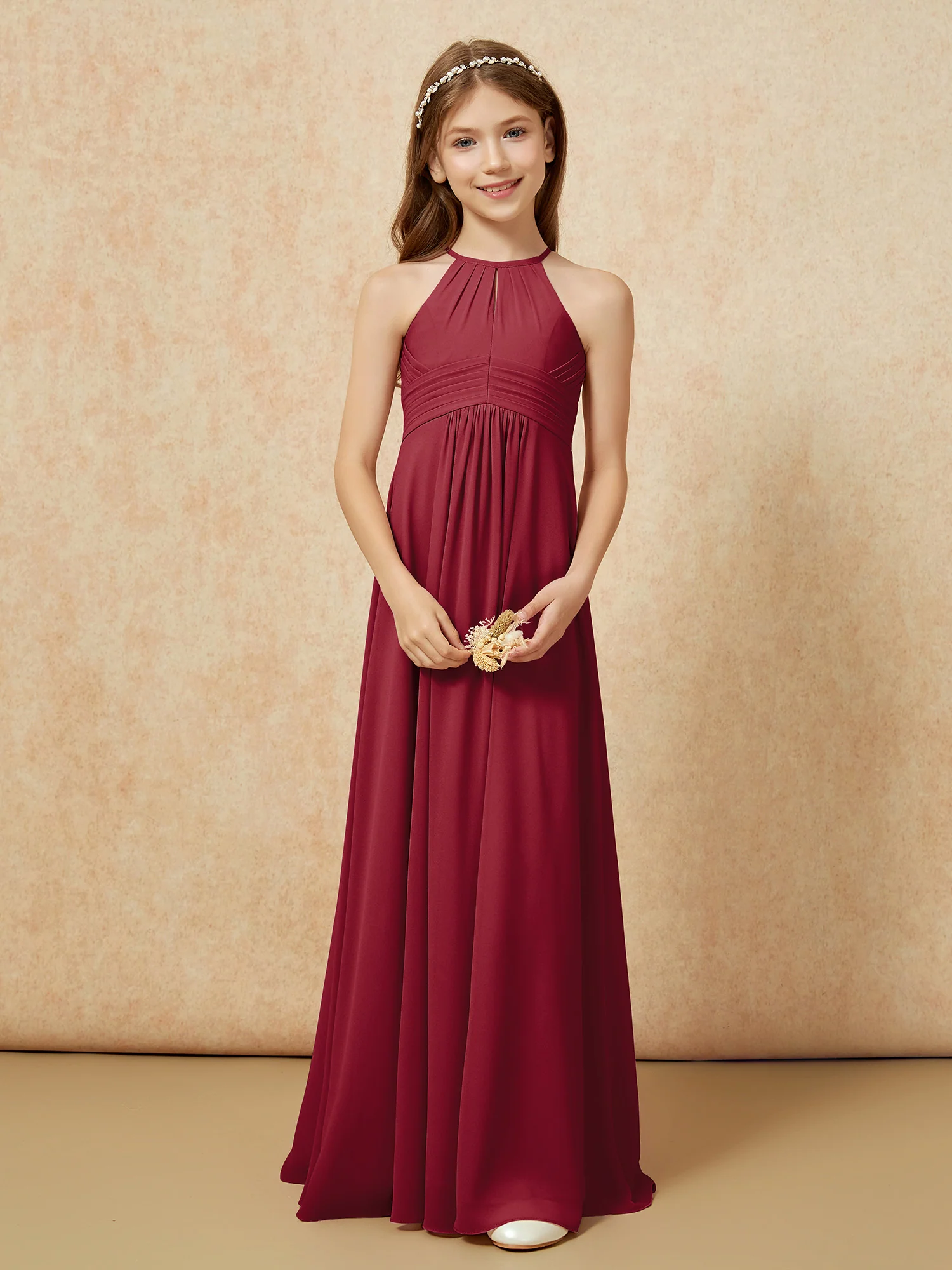 Simple Sleeveless Empire Long Junior Bridesmaid Dress Burgundy - Image 5