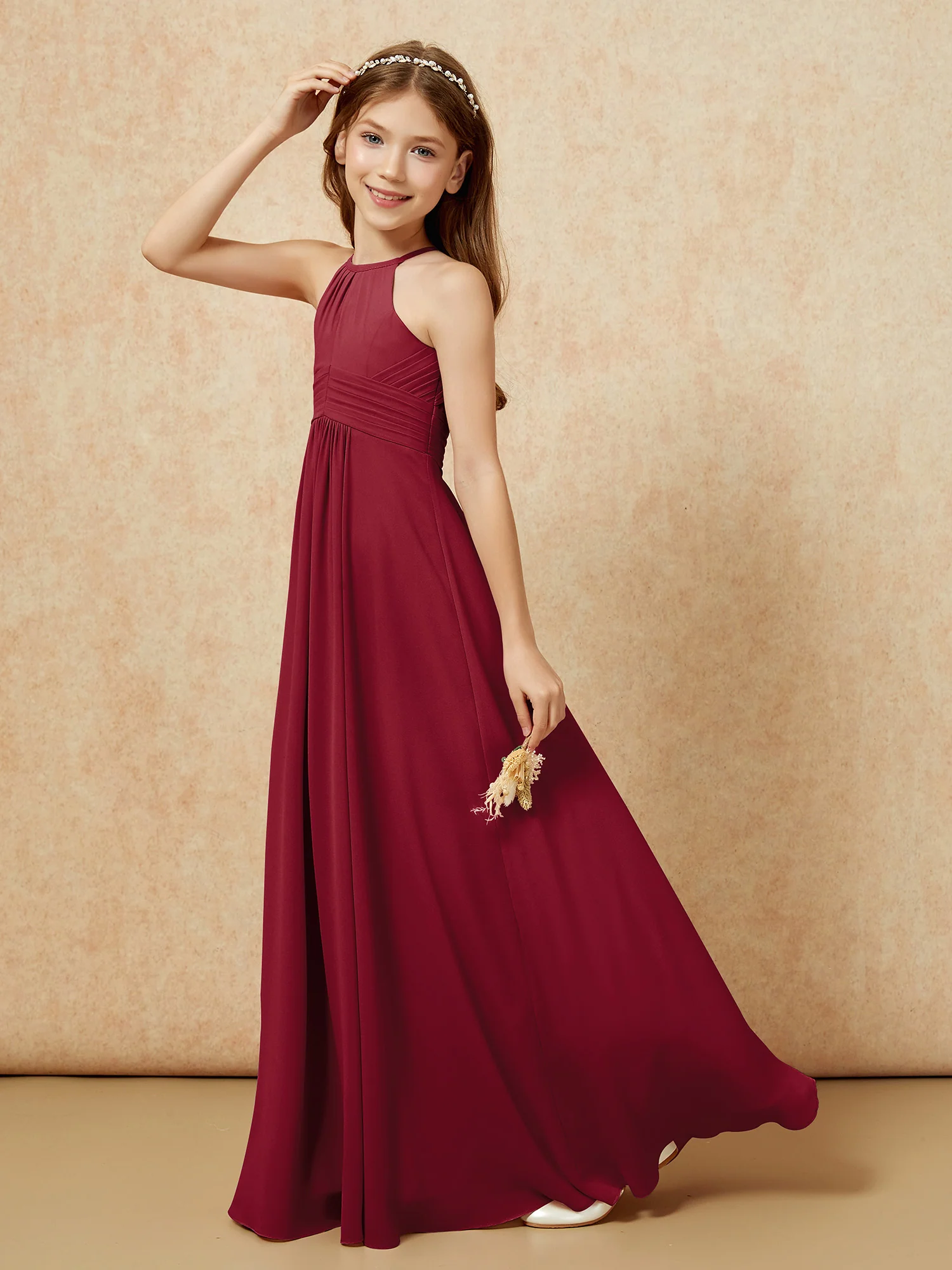 Simple Sleeveless Empire Long Junior Bridesmaid Dress Burgundy - Image 6
