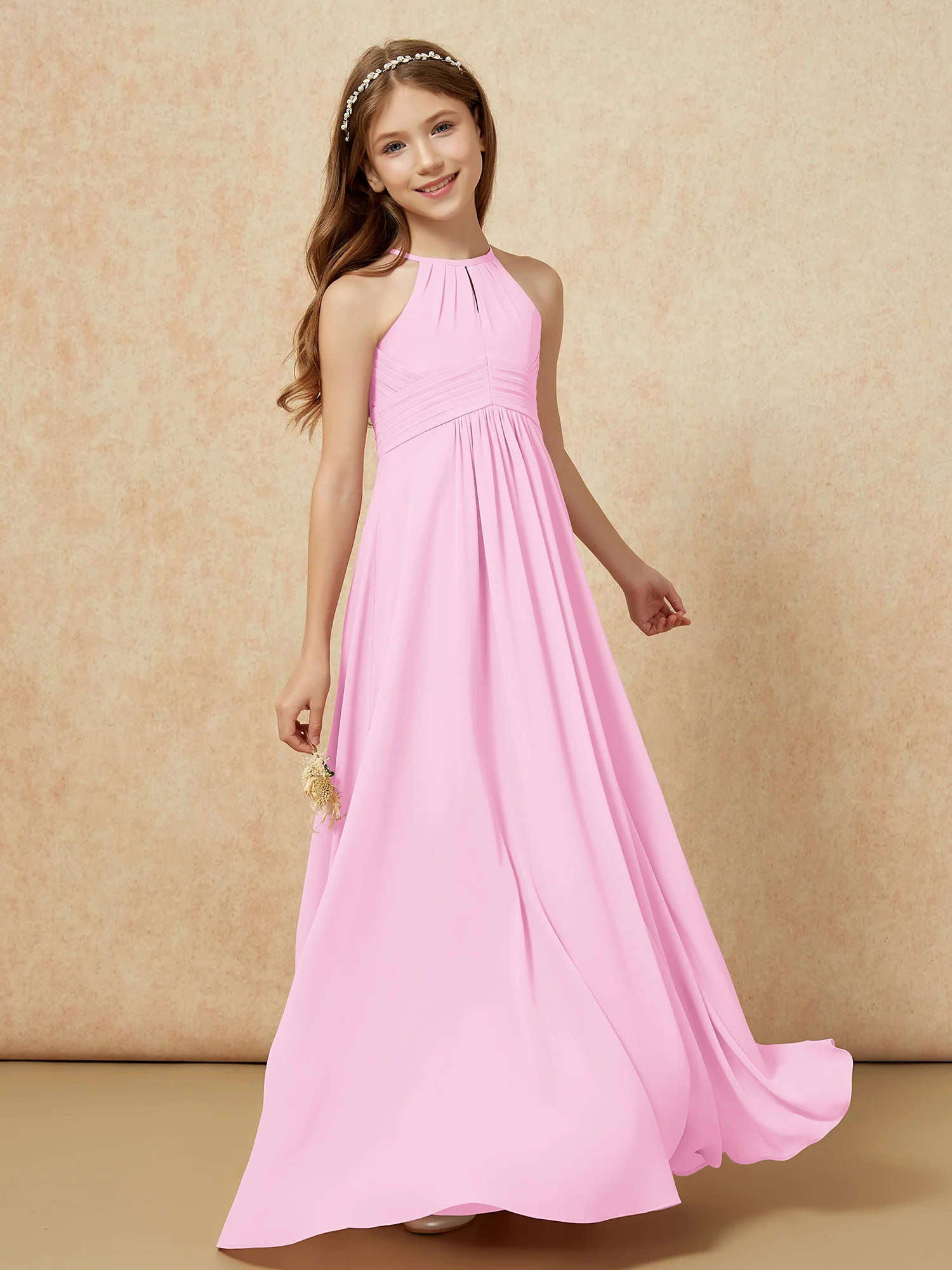 Simple Sleeveless Empire Long Junior Bridesmaid Dress Candy Pink - Image 3