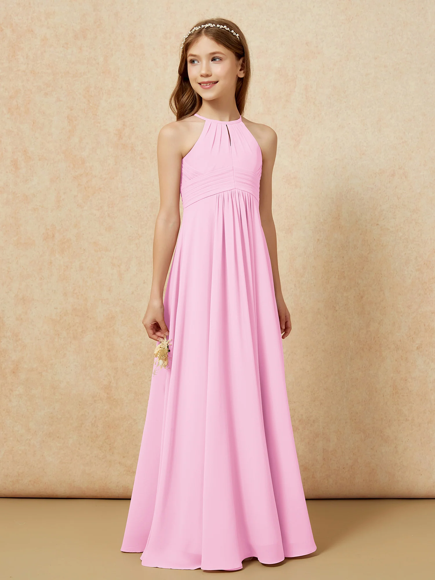 Simple Sleeveless Empire Long Junior Bridesmaid Dress Candy Pink - Image 4