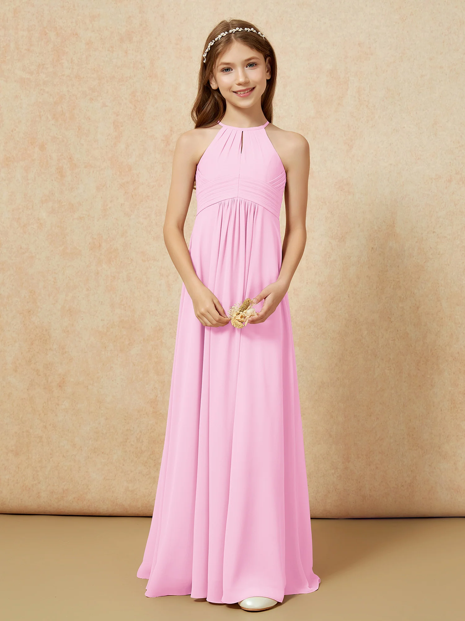 Simple Sleeveless Empire Long Junior Bridesmaid Dress Candy Pink - Image 5