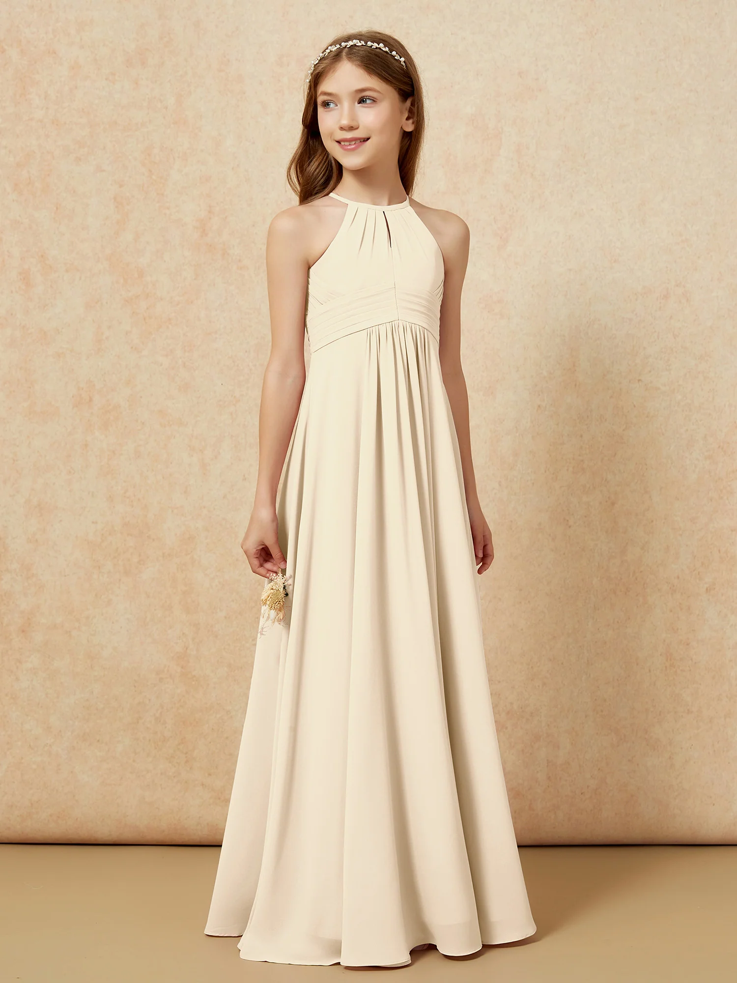 Simple Sleeveless Empire Long Junior Bridesmaid Dress Champagne - Image 4