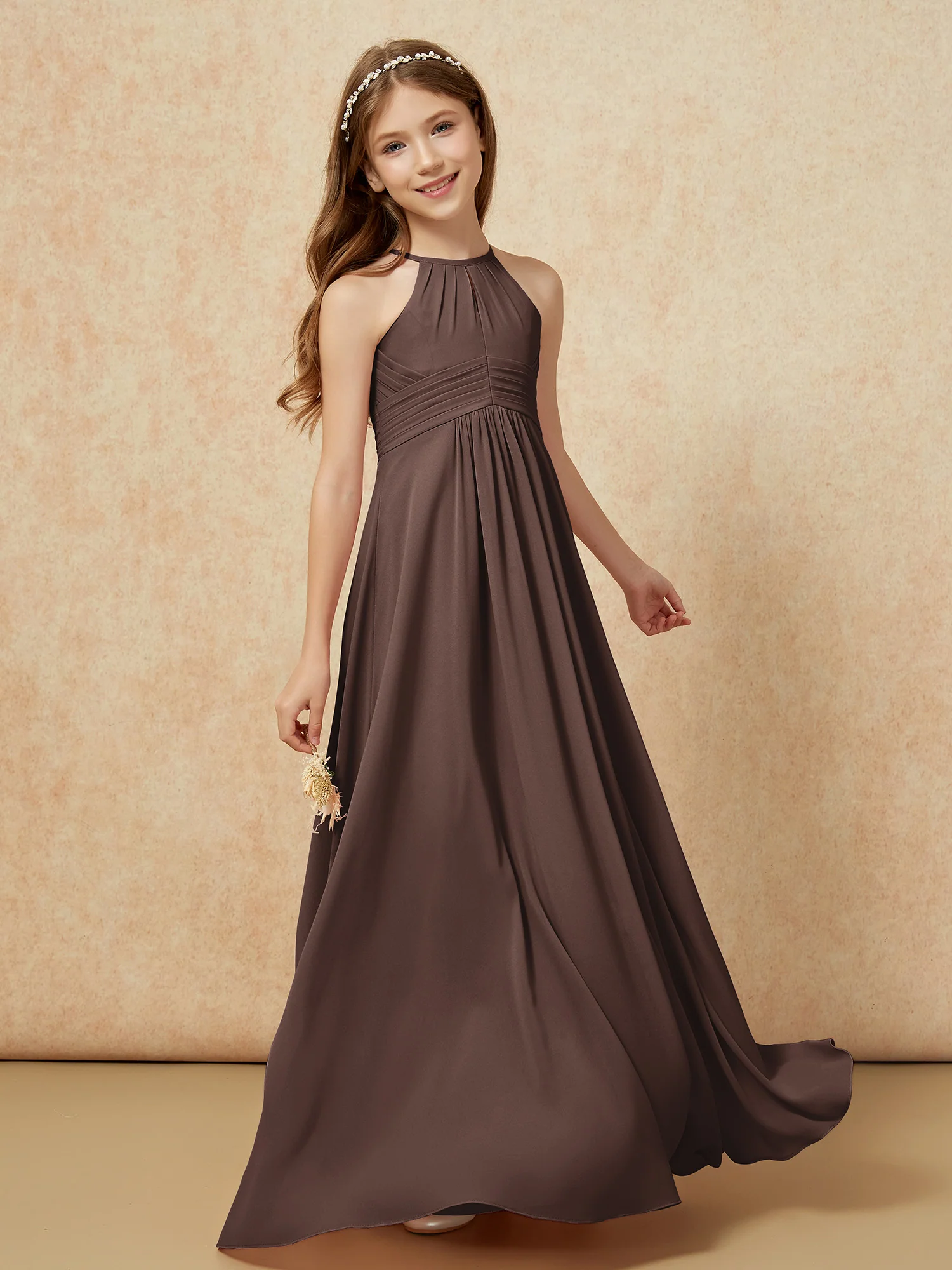Simple Sleeveless Empire Long Junior Bridesmaid Dress Chocolate - Image 3
