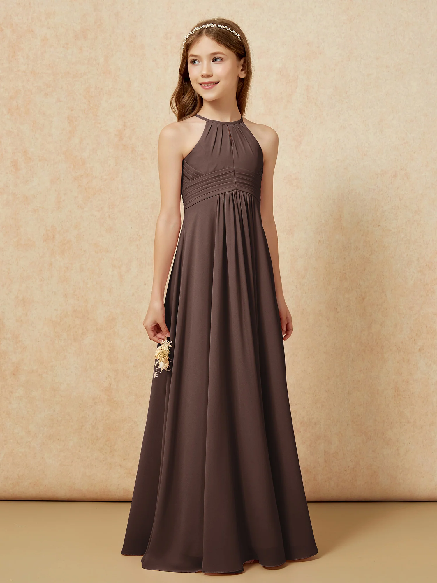 Simple Sleeveless Empire Long Junior Bridesmaid Dress Chocolate - Image 4