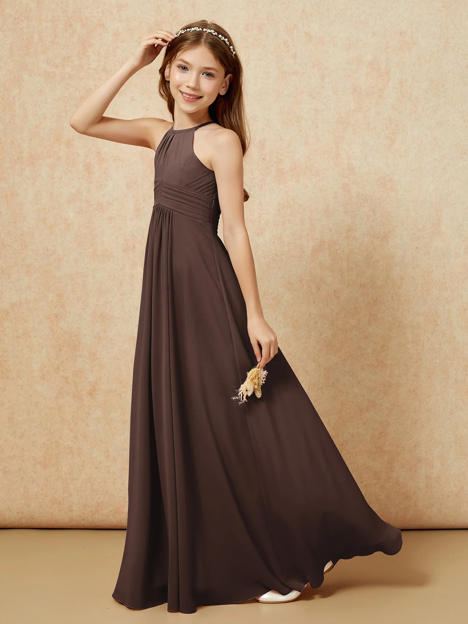 Simple Sleeveless Empire Long Junior Bridesmaid Dress Chocolate - Image 6