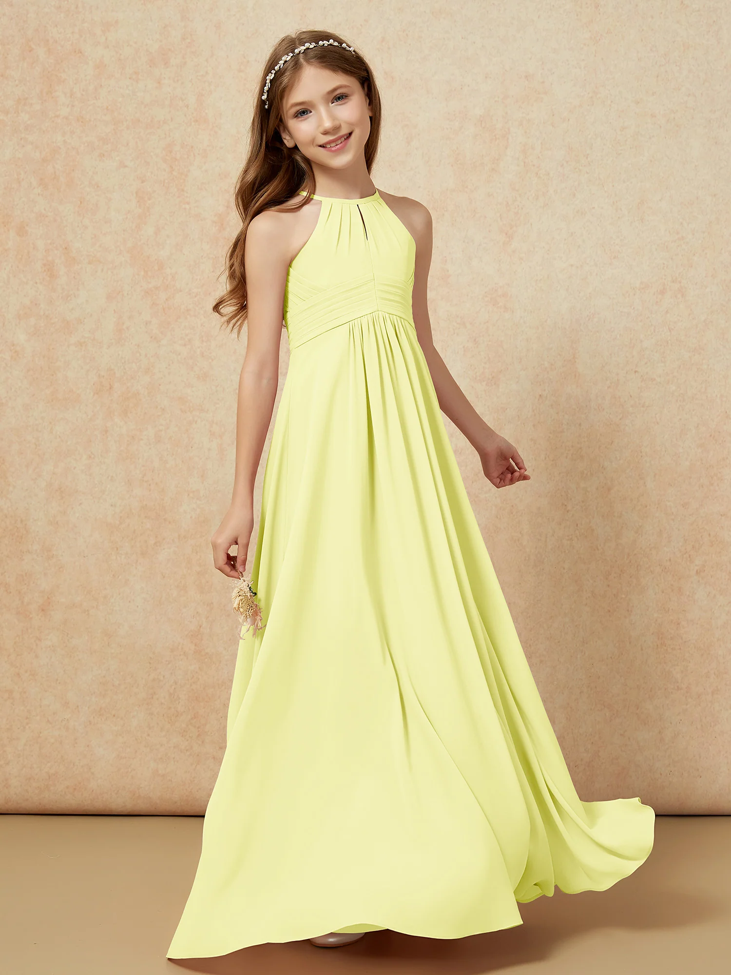 Simple Sleeveless Empire Long Junior Bridesmaid Dress Daffodil - Image 3