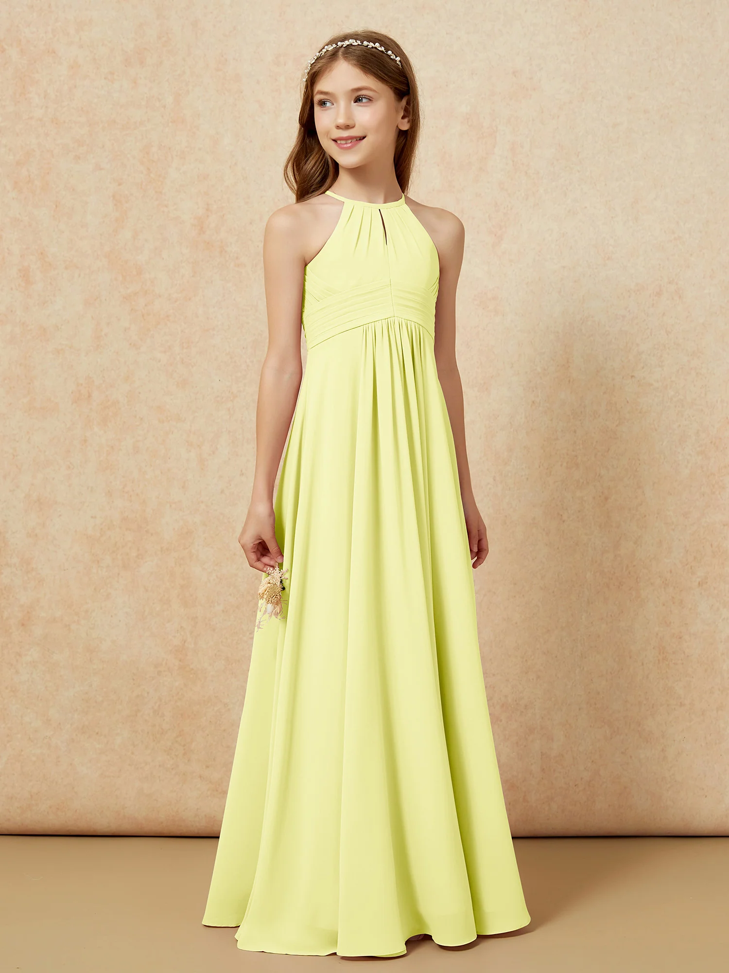 Simple Sleeveless Empire Long Junior Bridesmaid Dress Daffodil - Image 4