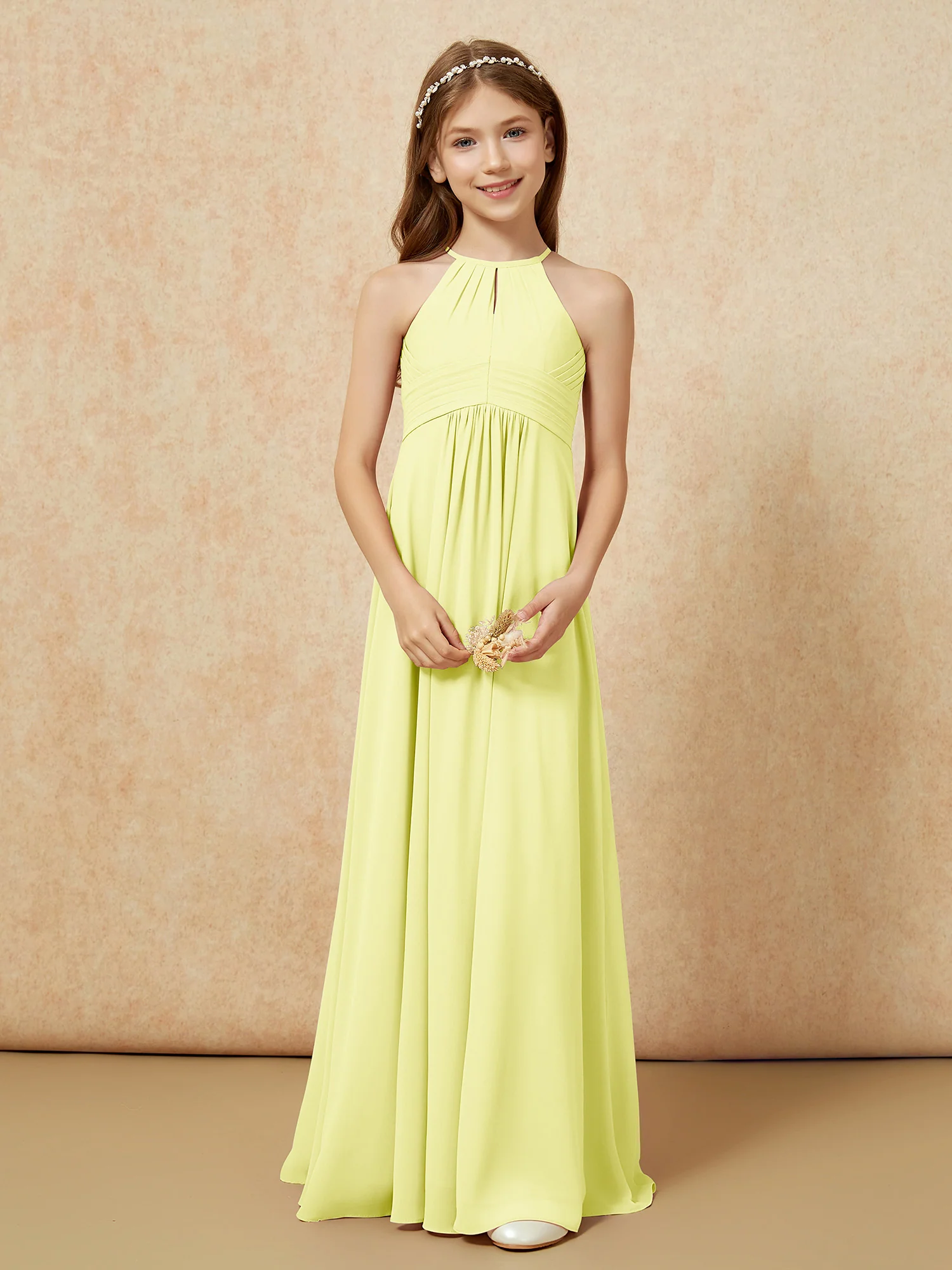 Simple Sleeveless Empire Long Junior Bridesmaid Dress Daffodil - Image 5