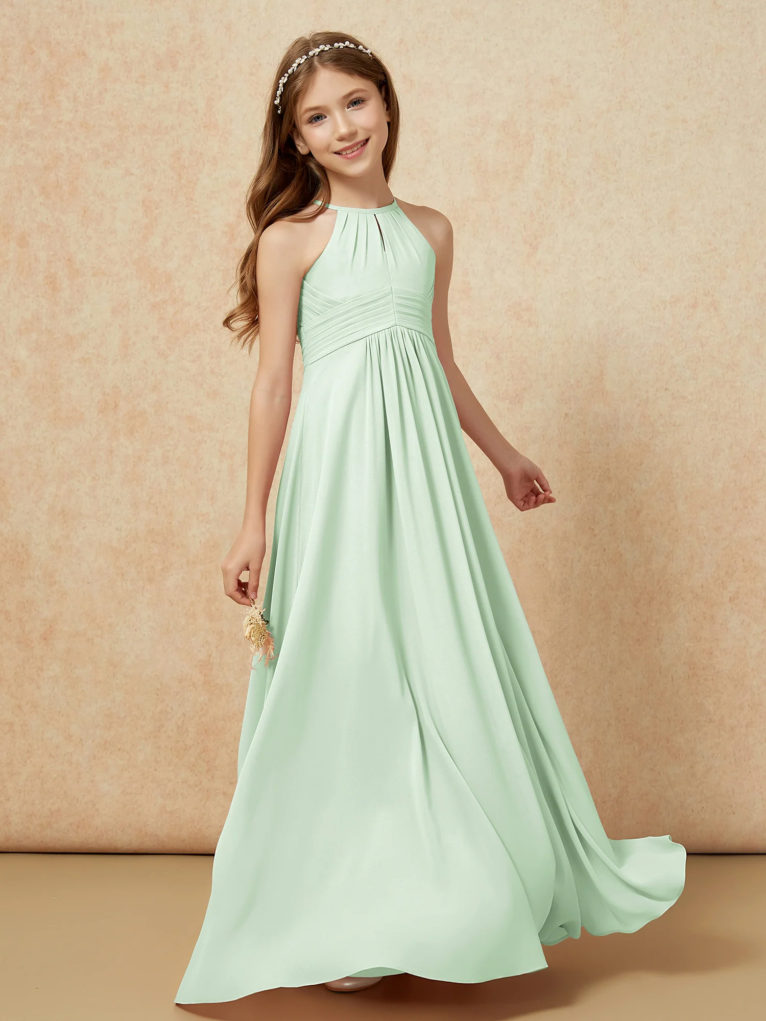 Simple Sleeveless Empire Long Junior Bridesmaid Dress Dusty Sage - Image 3