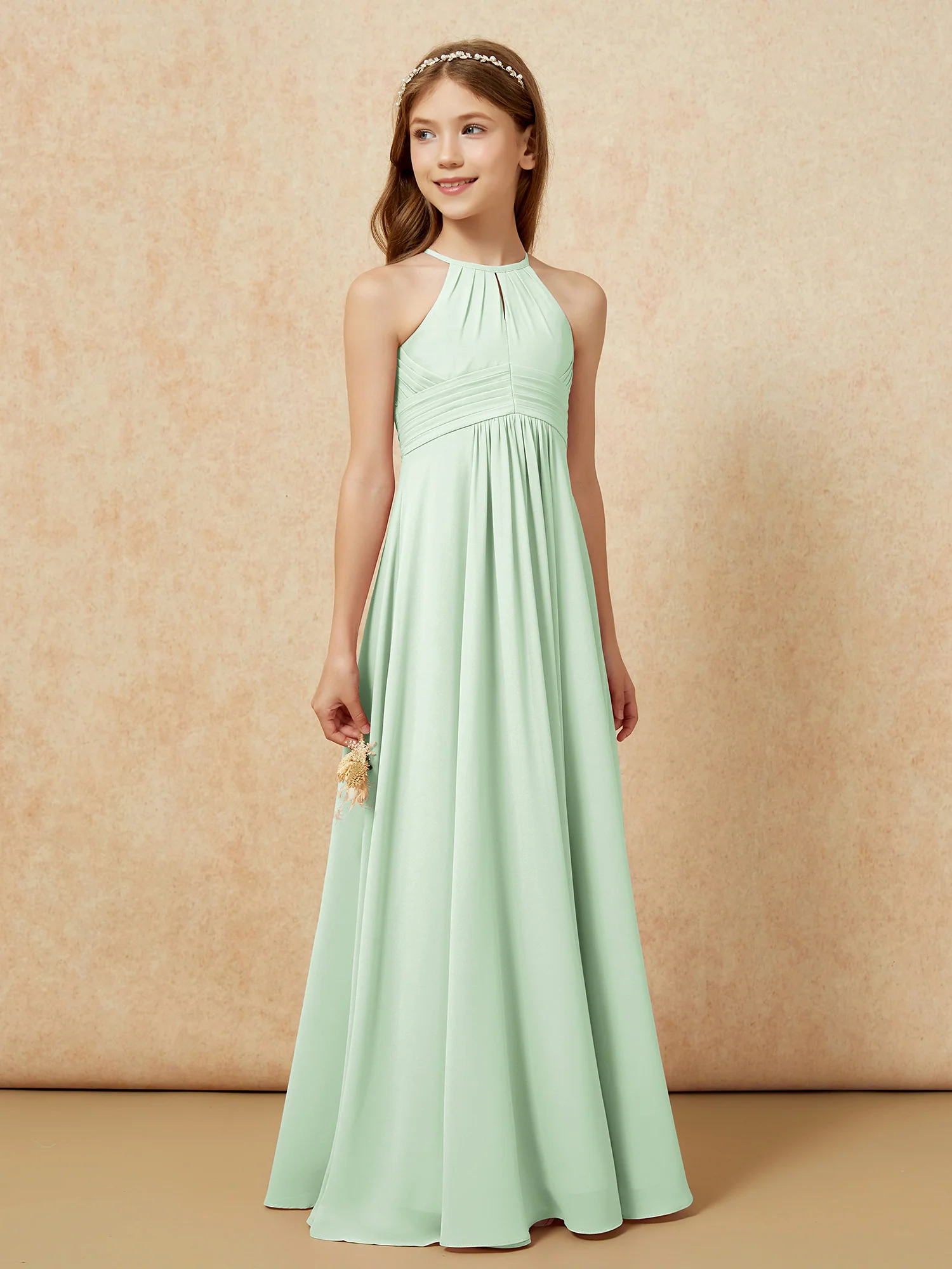 Simple Sleeveless Empire Long Junior Bridesmaid Dress Dusty Sage - Image 4