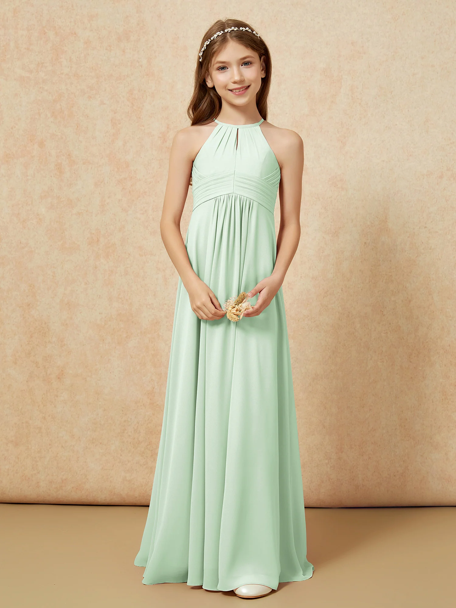 Simple Sleeveless Empire Long Junior Bridesmaid Dress Dusty Sage - Image 5