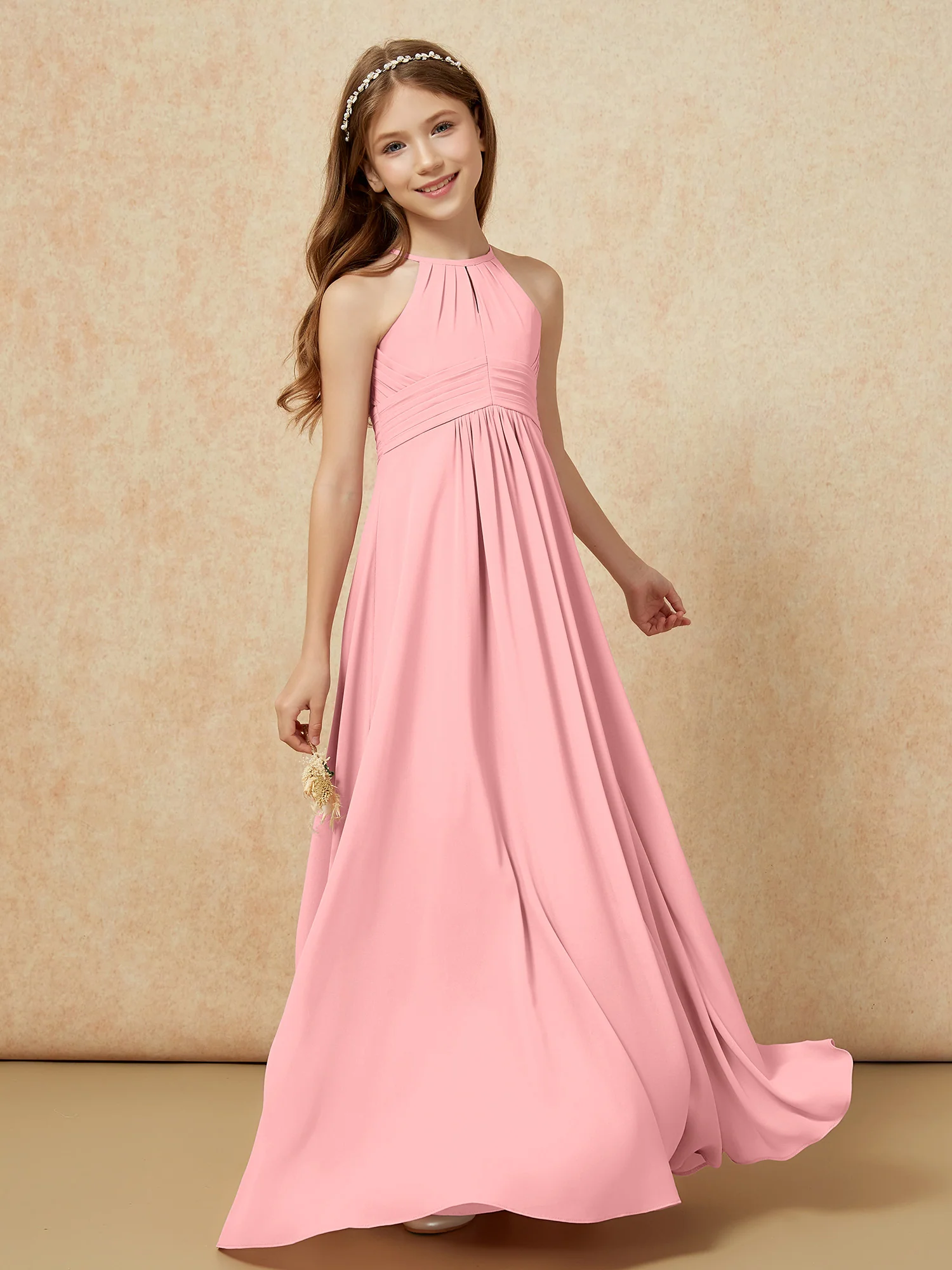 Simple Sleeveless Empire Long Junior Bridesmaid Dress Flamingo - Image 3