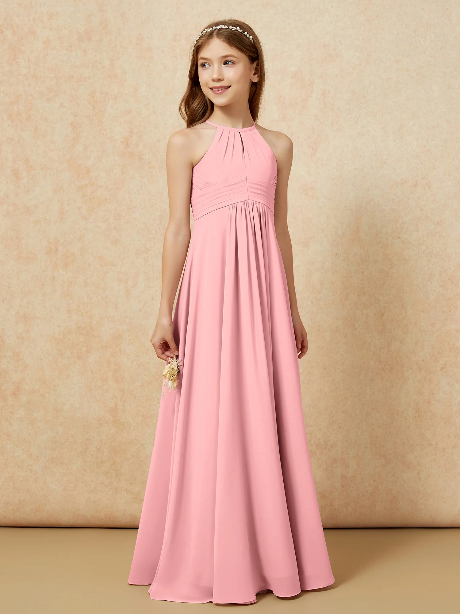 Simple Sleeveless Empire Long Junior Bridesmaid Dress Flamingo - Image 4