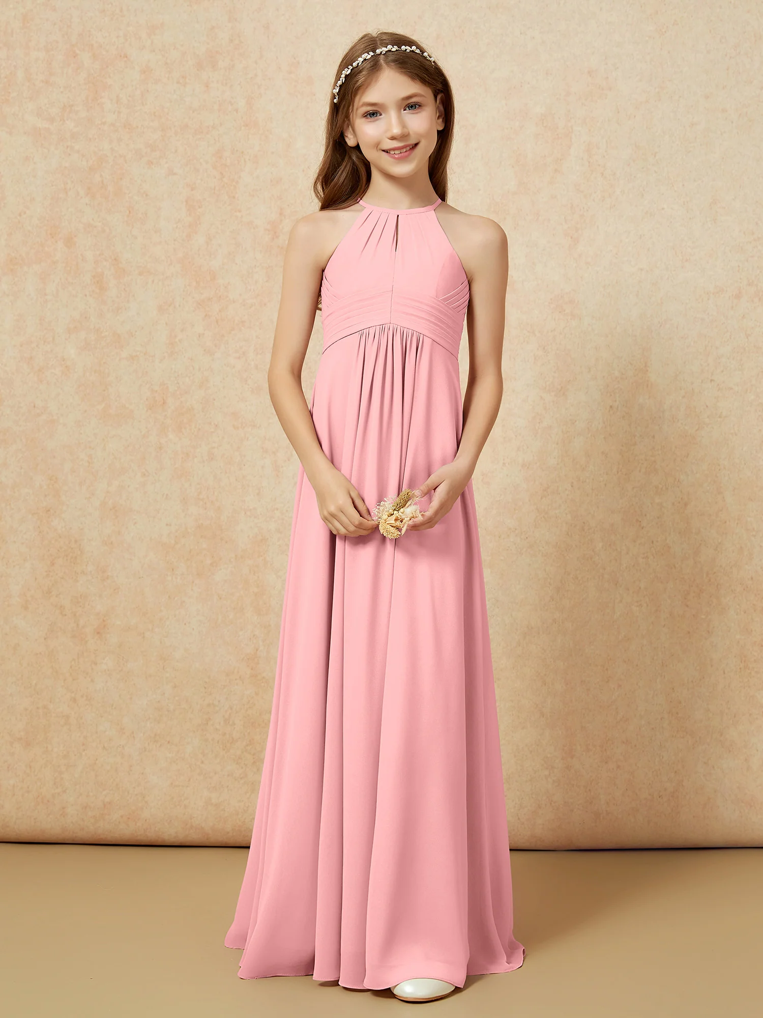 Simple Sleeveless Empire Long Junior Bridesmaid Dress Flamingo - Image 5