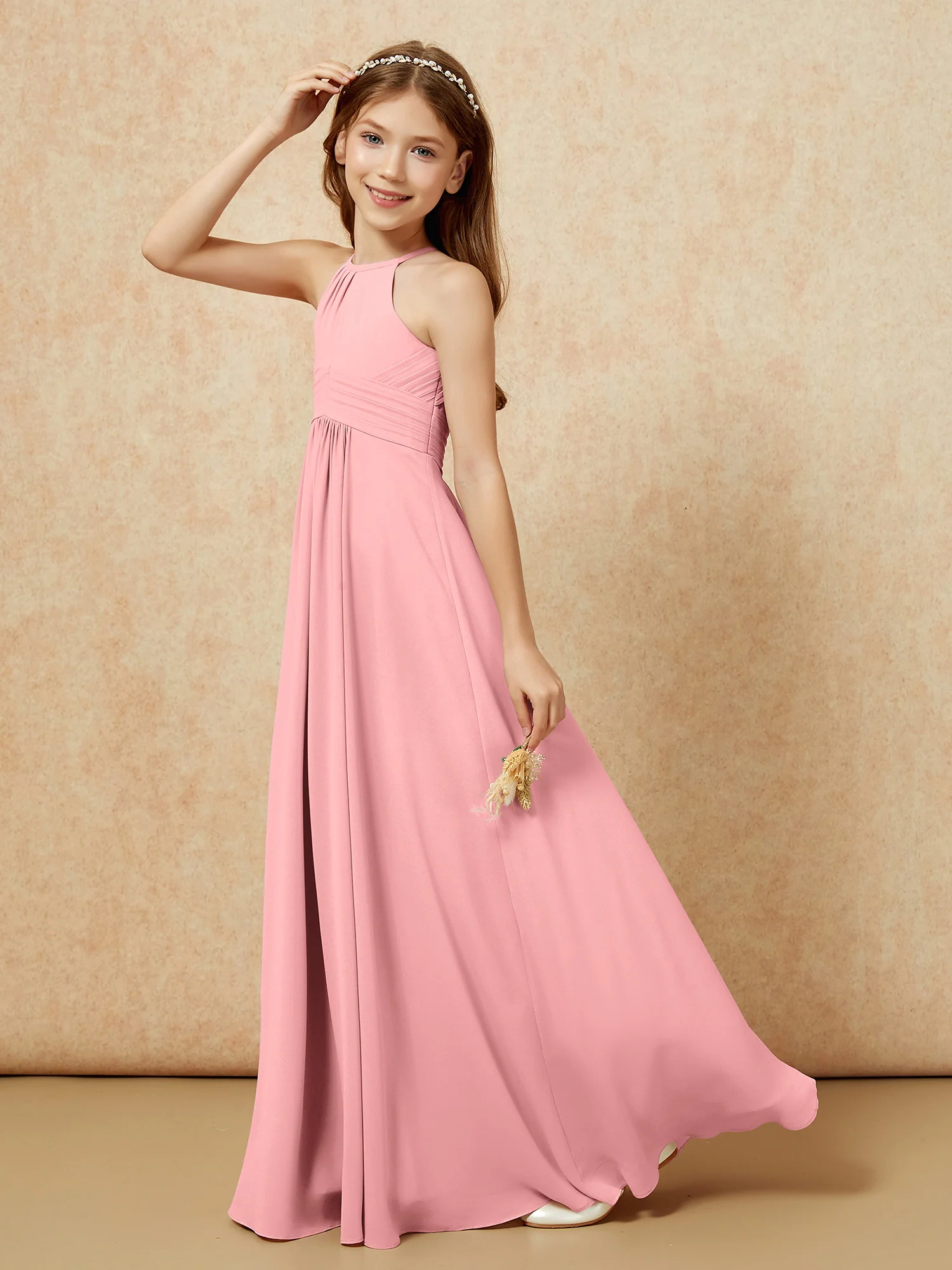 Simple Sleeveless Empire Long Junior Bridesmaid Dress Flamingo - Image 6