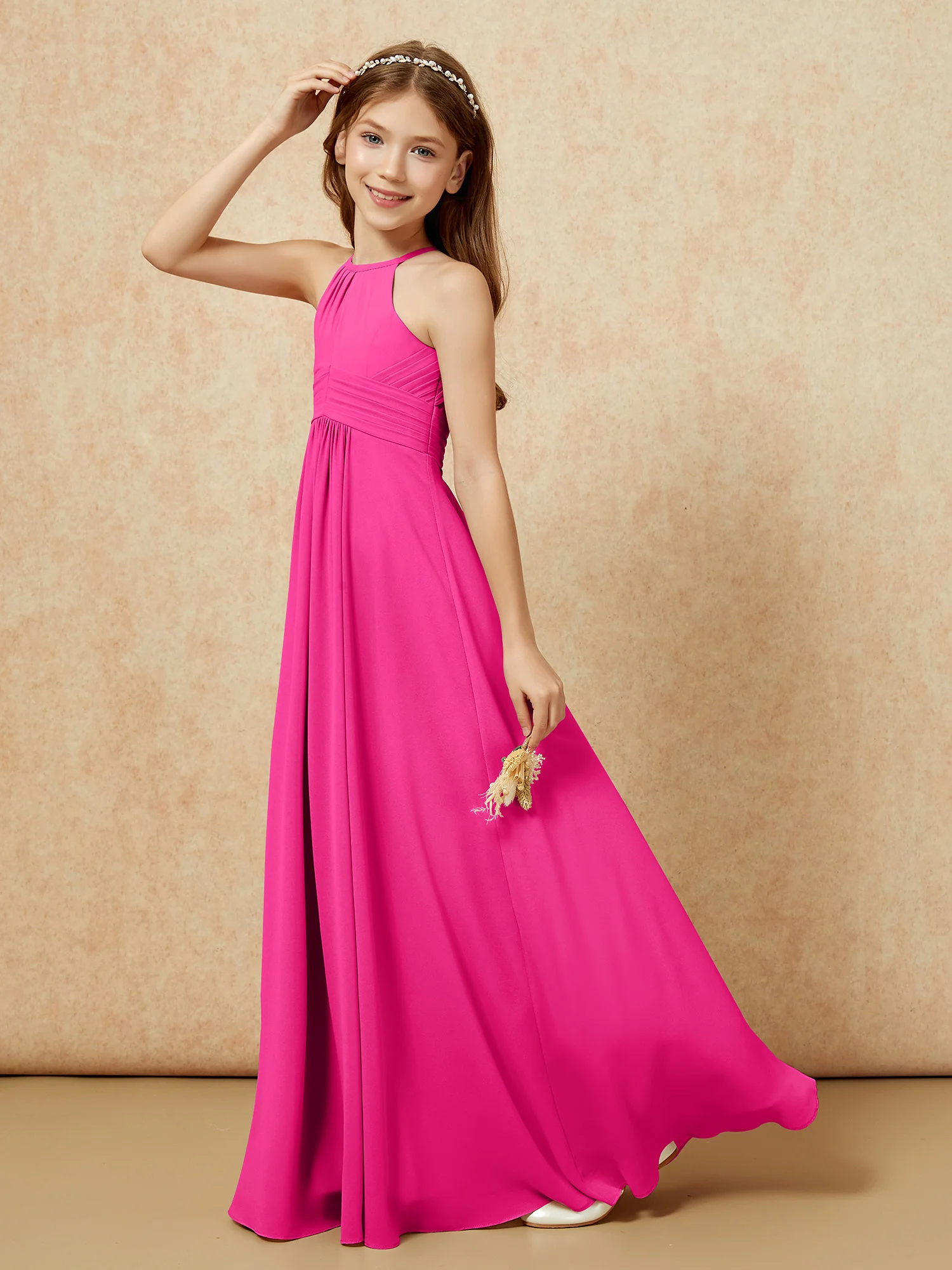 Simple Sleeveless Empire Long Junior Bridesmaid Dress Fuchsia - Image 6