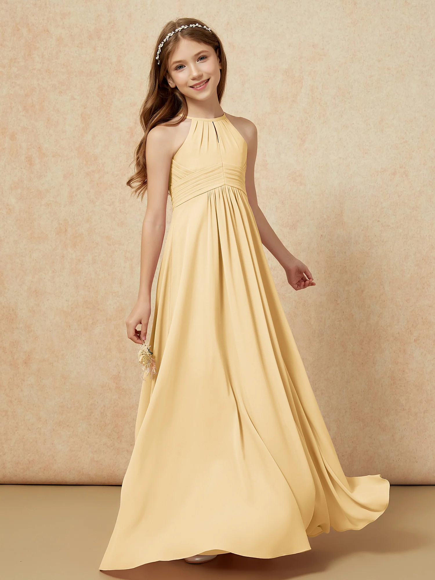 Simple Sleeveless Empire Long Junior Bridesmaid Dress Gold - Image 3