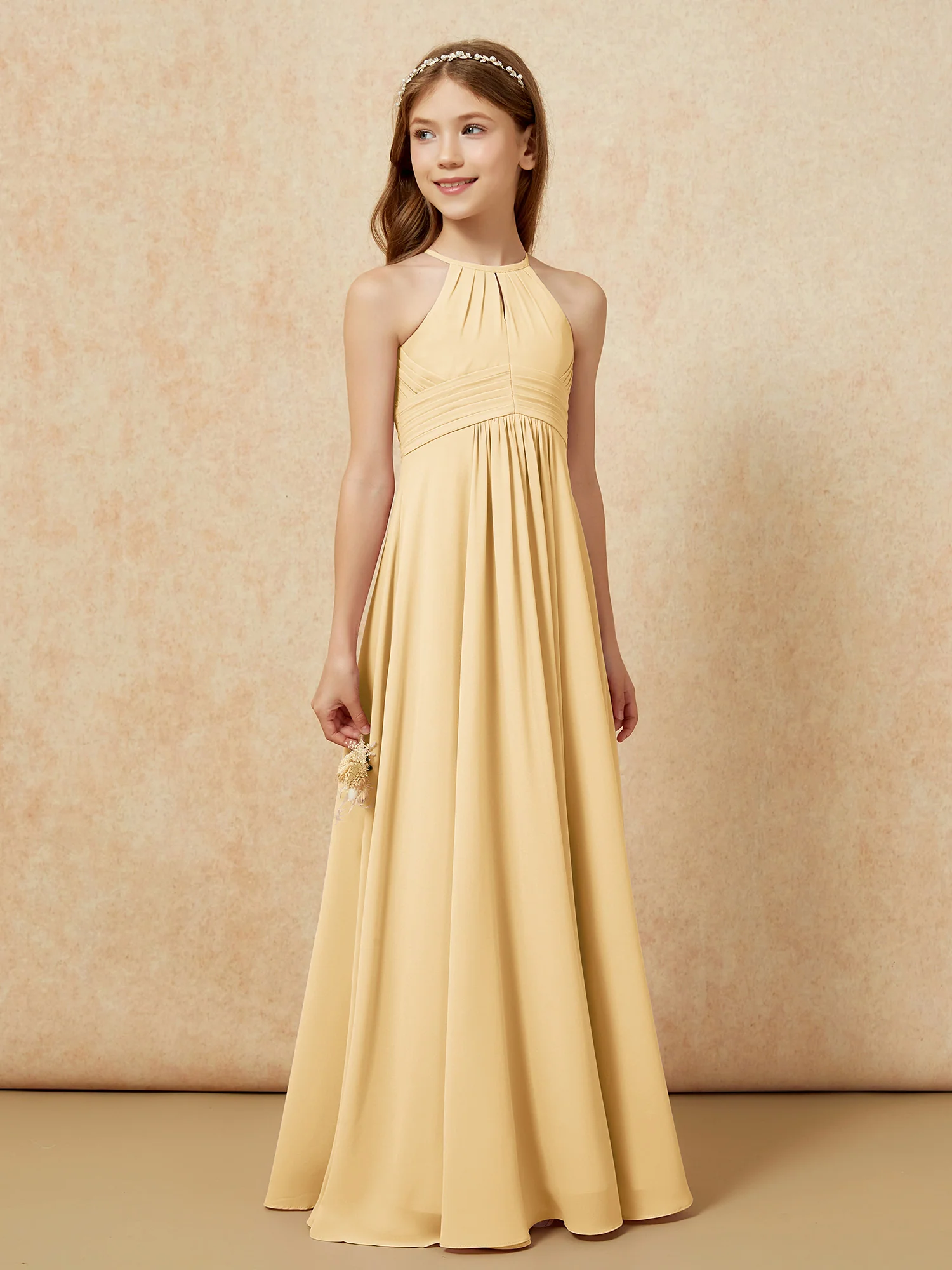 Simple Sleeveless Empire Long Junior Bridesmaid Dress Gold - Image 4