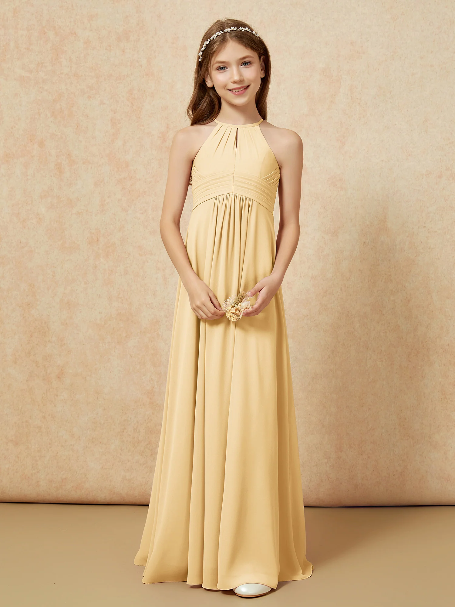 Simple Sleeveless Empire Long Junior Bridesmaid Dress Gold - Image 5