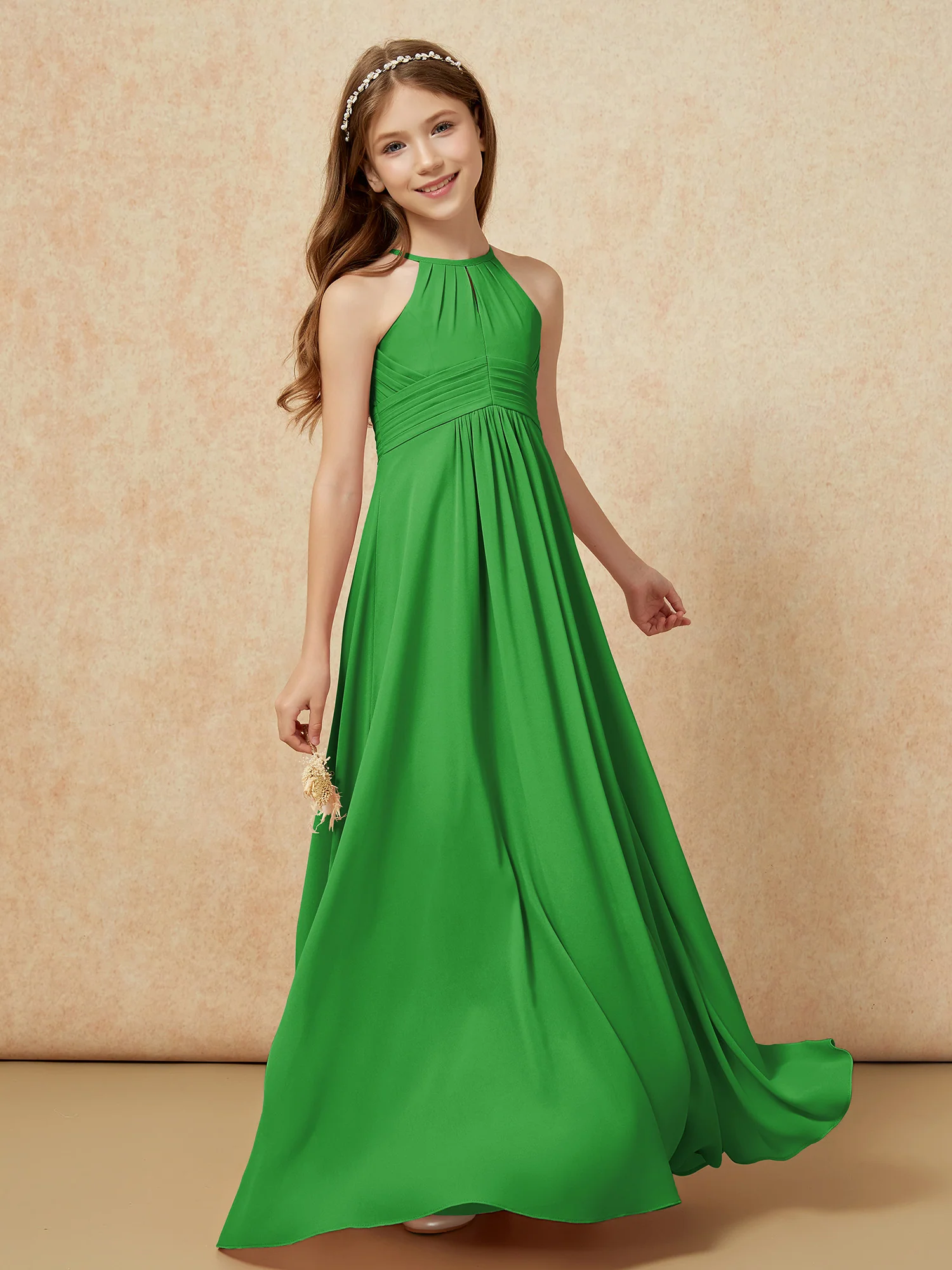 Simple Sleeveless Empire Long Junior Bridesmaid Dress Green - Image 3