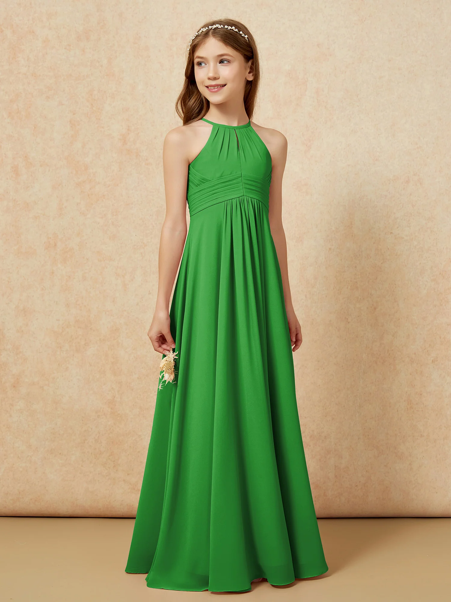 Simple Sleeveless Empire Long Junior Bridesmaid Dress Green - Image 4