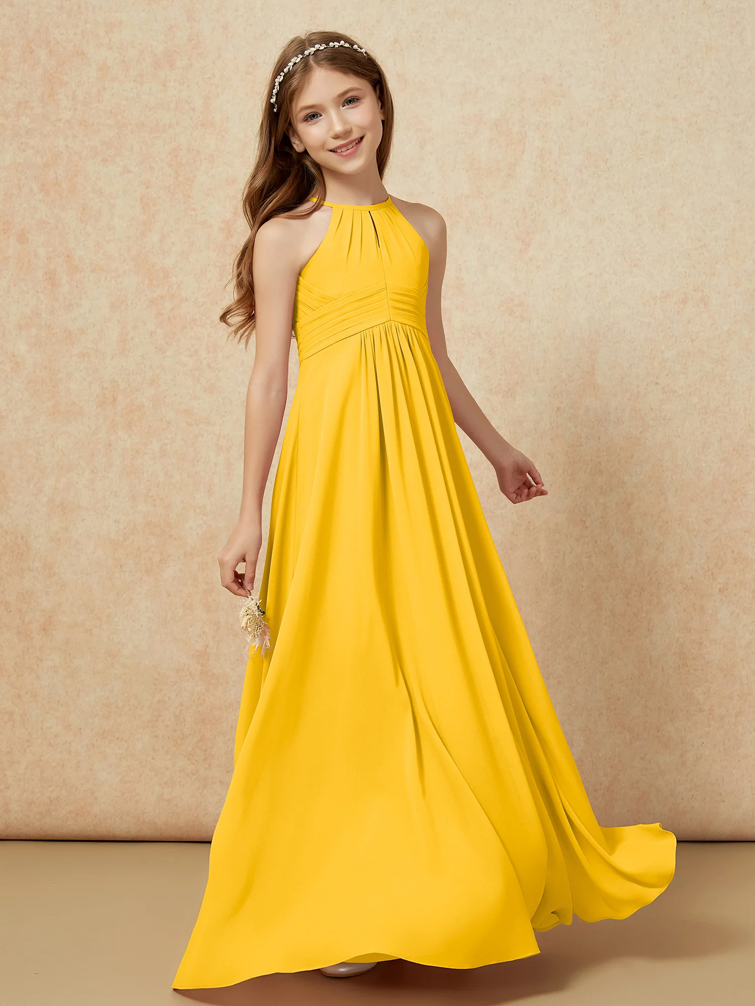 Simple Sleeveless Empire Long Junior Bridesmaid Dress Marigold - Image 3