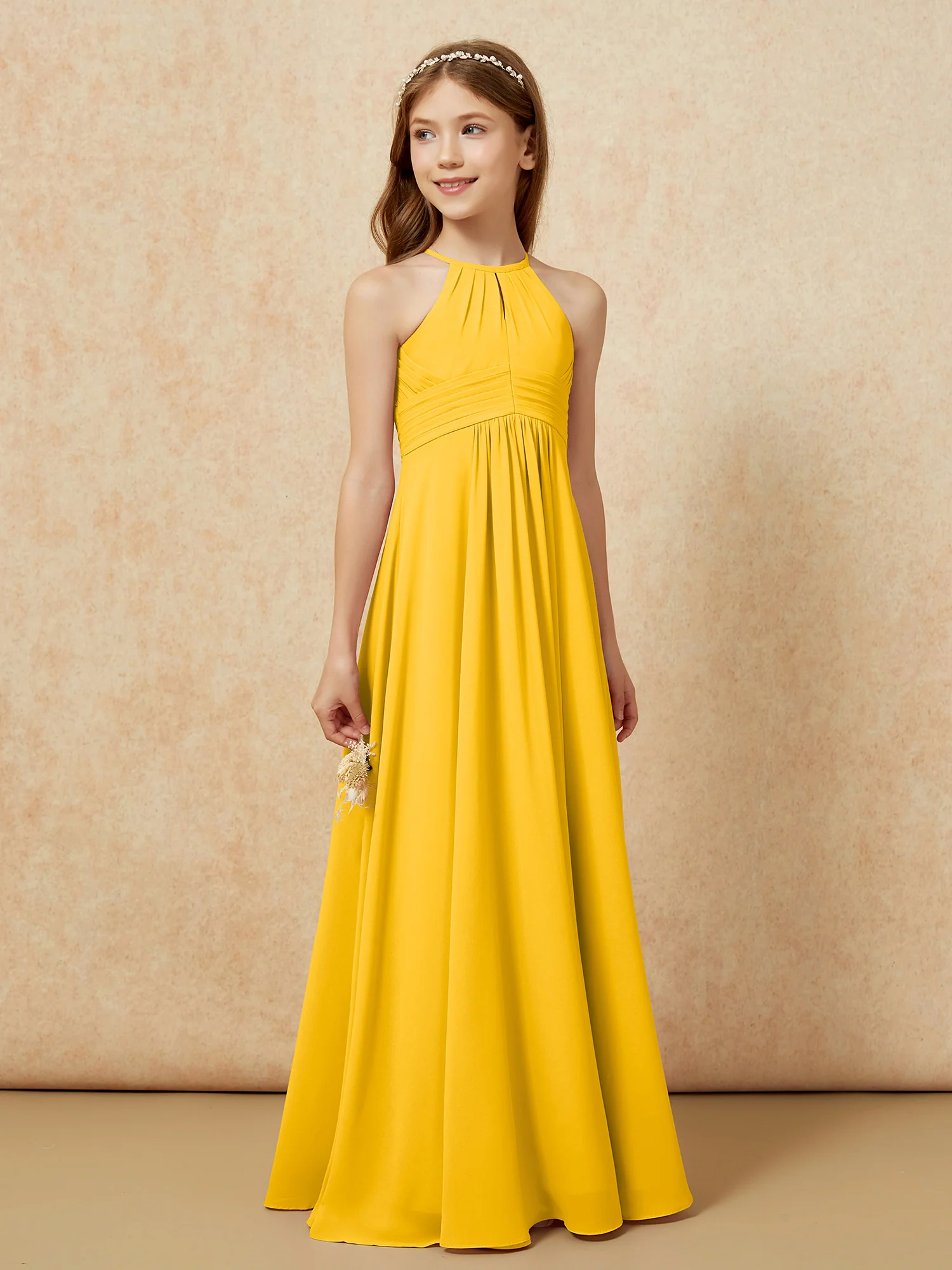 Simple Sleeveless Empire Long Junior Bridesmaid Dress Marigold - Image 4
