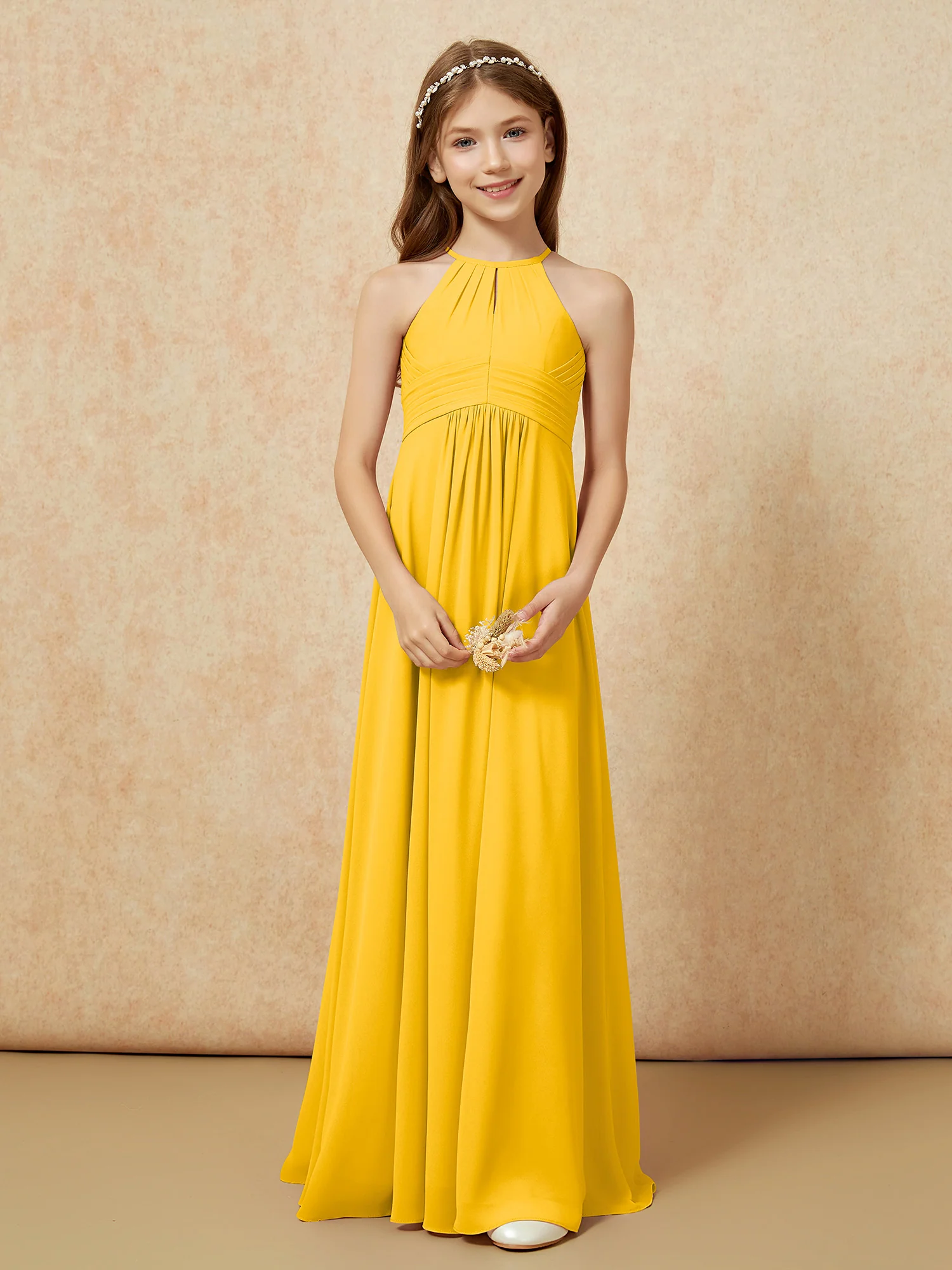 Simple Sleeveless Empire Long Junior Bridesmaid Dress Marigold - Image 5