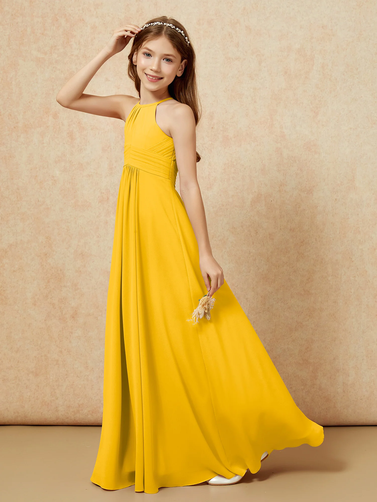 Simple Sleeveless Empire Long Junior Bridesmaid Dress Marigold - Image 6