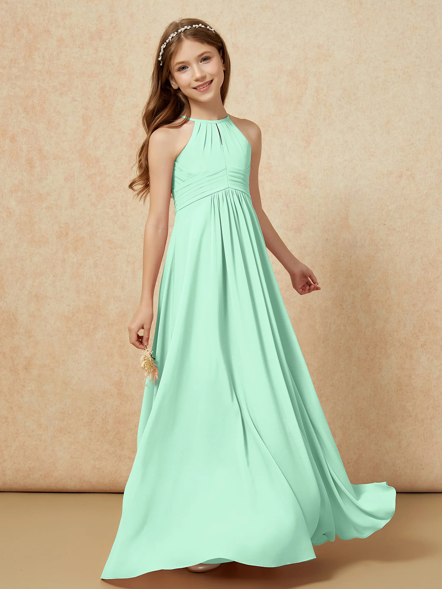 Simple Sleeveless Empire Long Junior Bridesmaid Dress Mint Green - Image 3