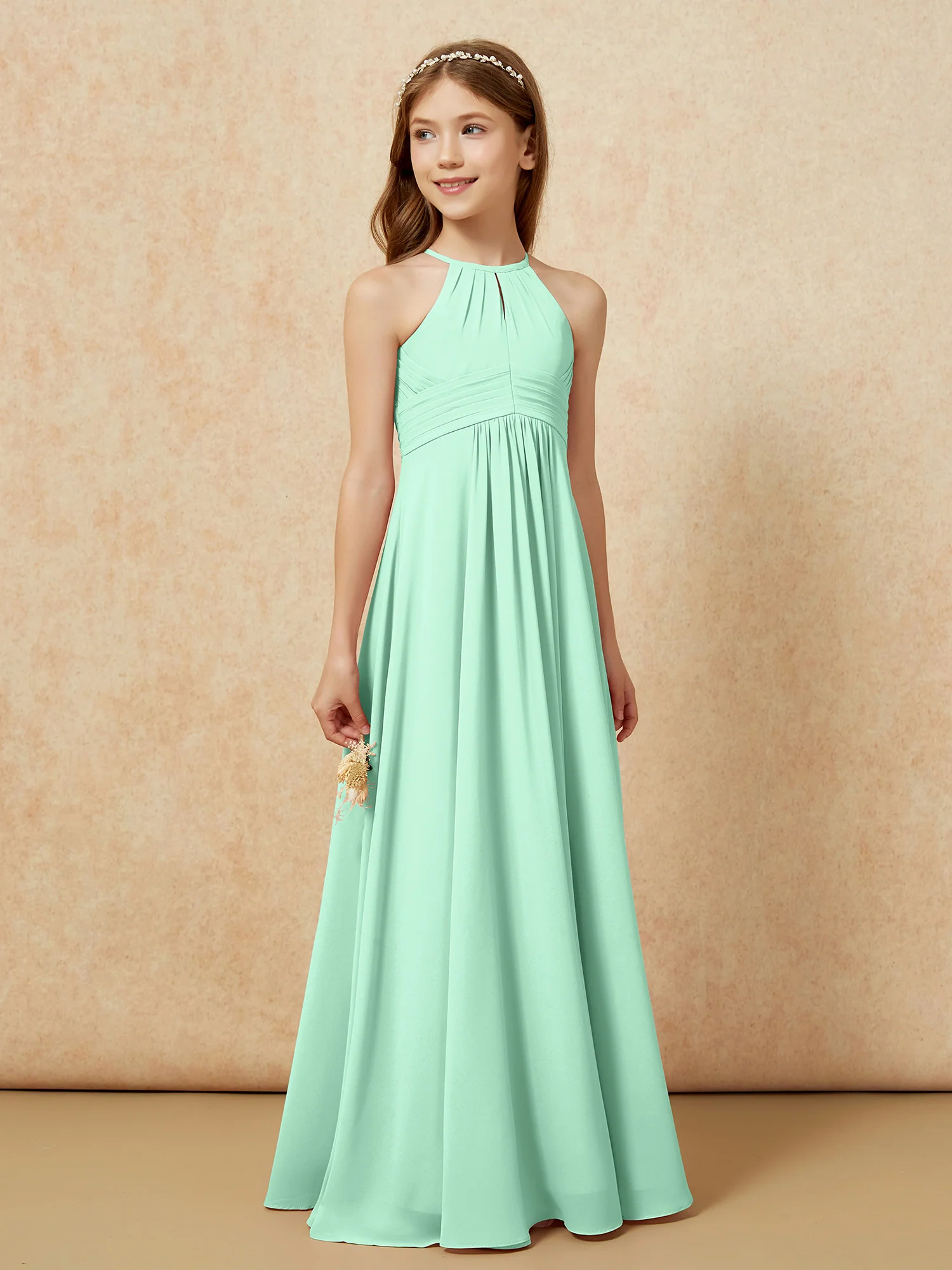 Simple Sleeveless Empire Long Junior Bridesmaid Dress Mint Green - Image 4
