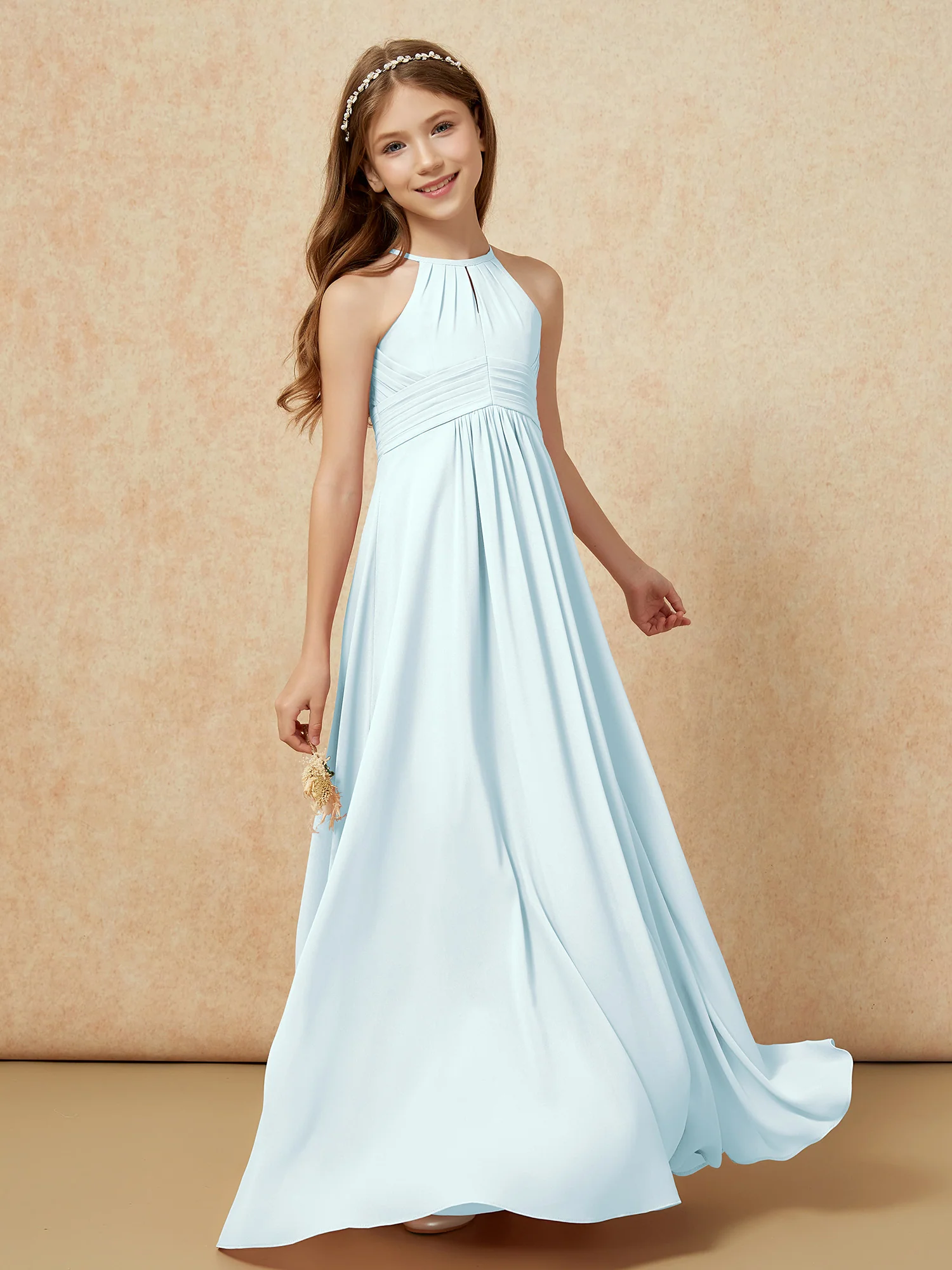 Simple Sleeveless Empire Long Junior Bridesmaid Dress Mist - Image 3