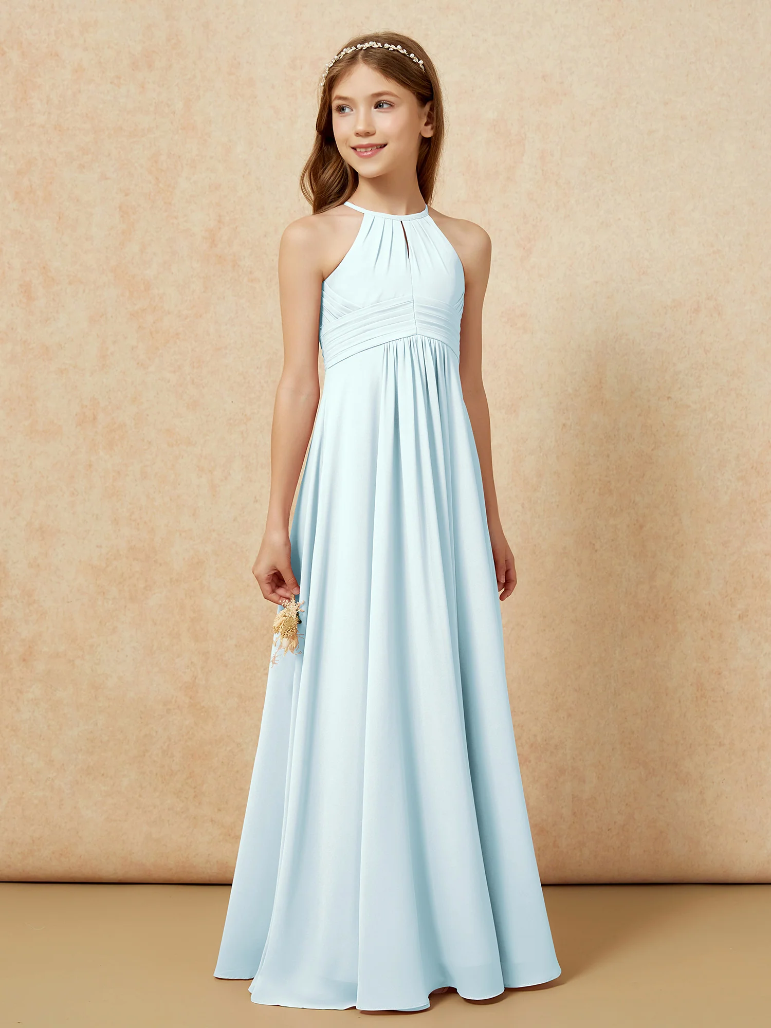 Simple Sleeveless Empire Long Junior Bridesmaid Dress Mist - Image 4