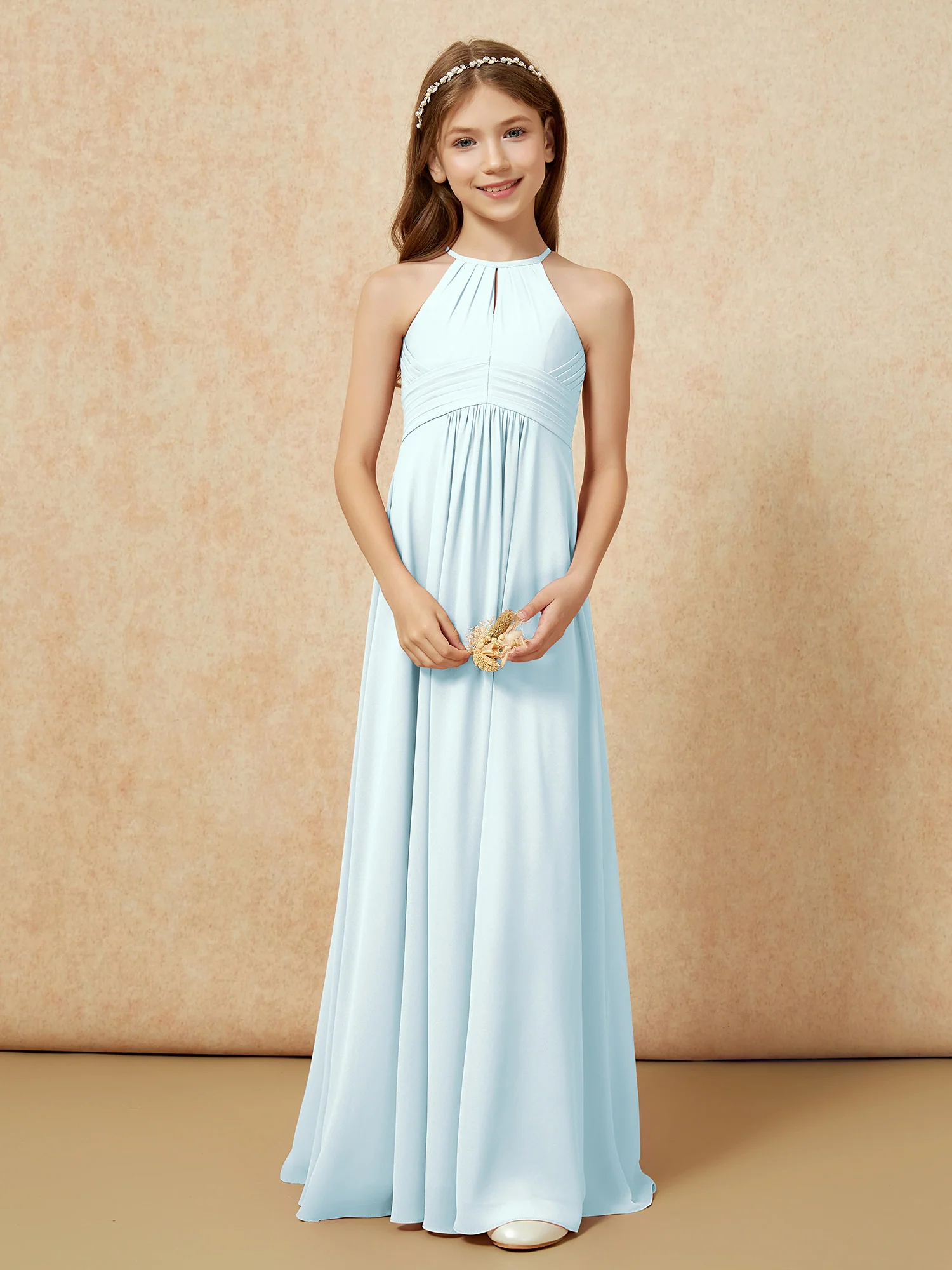 Simple Sleeveless Empire Long Junior Bridesmaid Dress Mist - Image 5