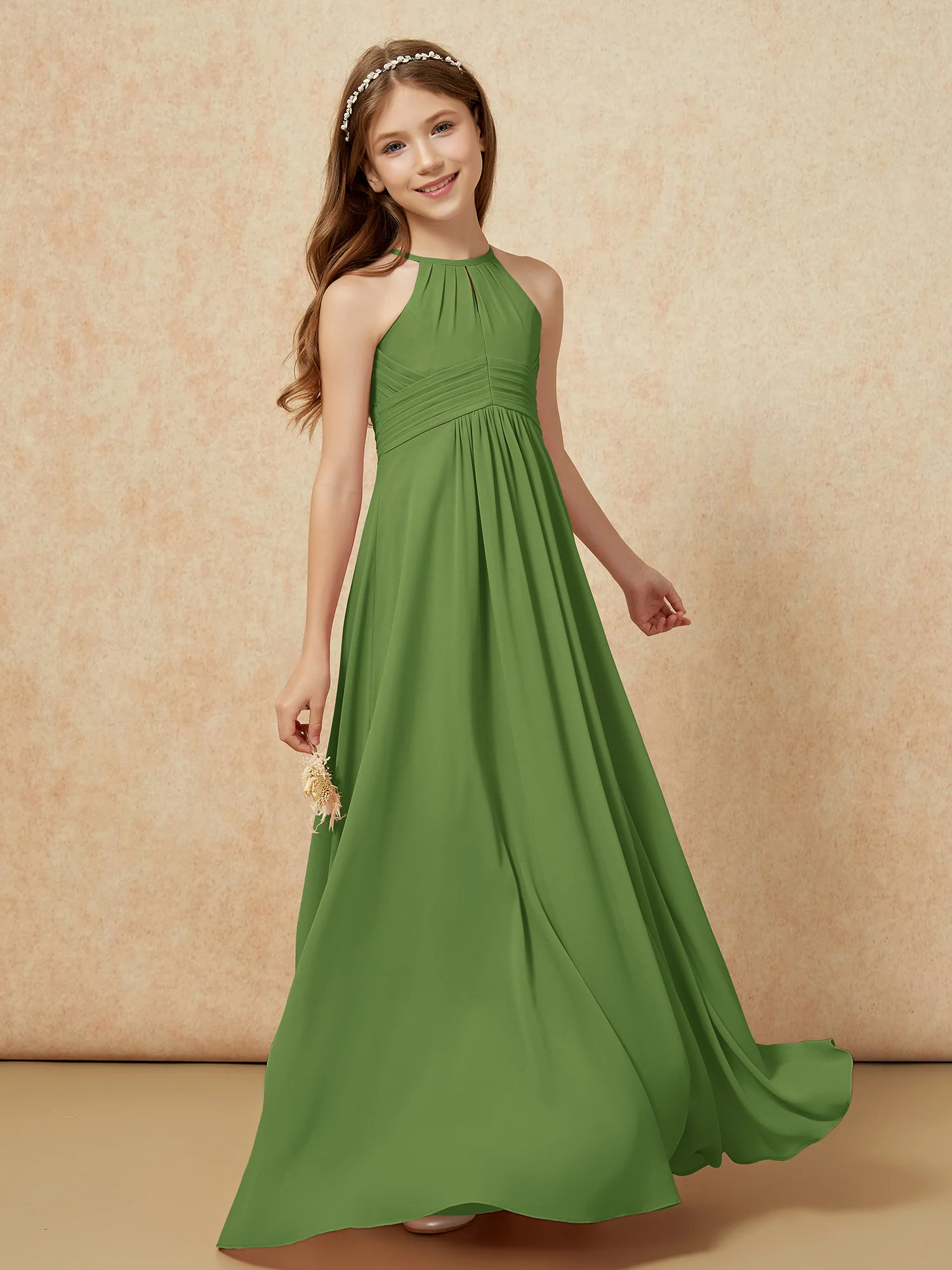 Simple Sleeveless Empire Long Junior Bridesmaid Dress Moss - Image 3