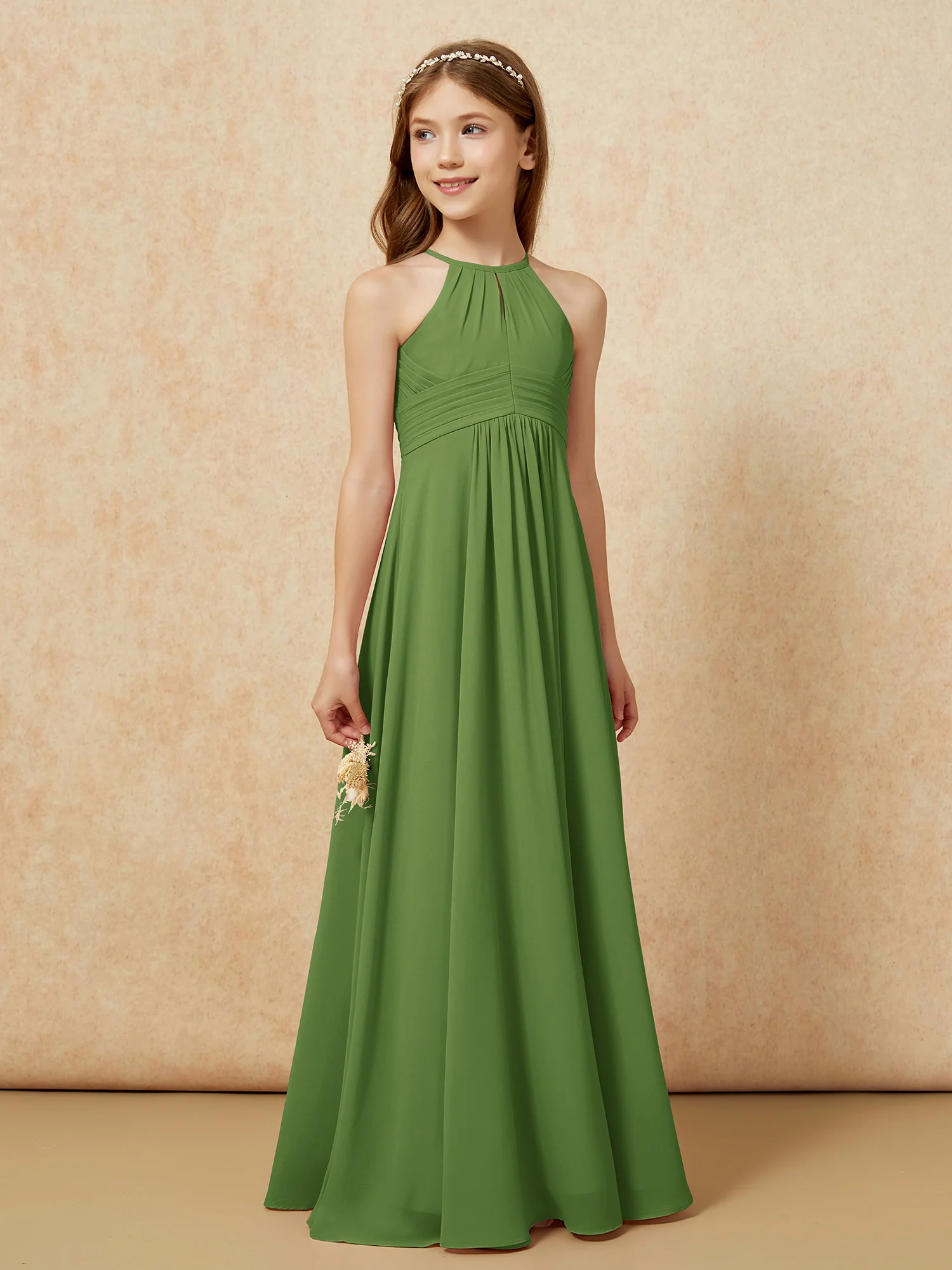 Simple Sleeveless Empire Long Junior Bridesmaid Dress Moss - Image 4