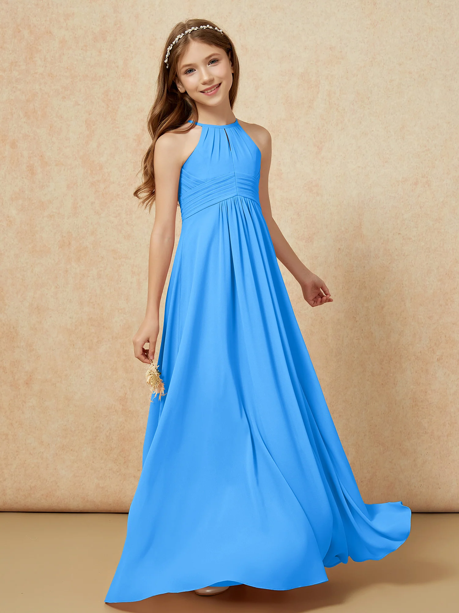 Simple Sleeveless Empire Long Junior Bridesmaid Dress Ocean Blue - Image 3
