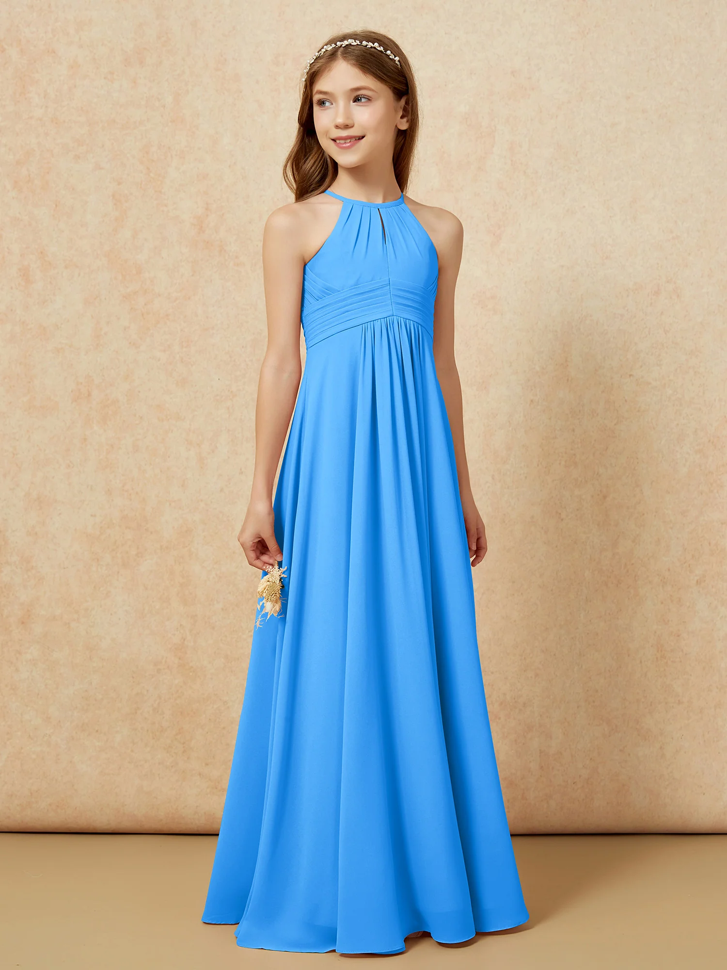 Simple Sleeveless Empire Long Junior Bridesmaid Dress Ocean Blue - Image 4