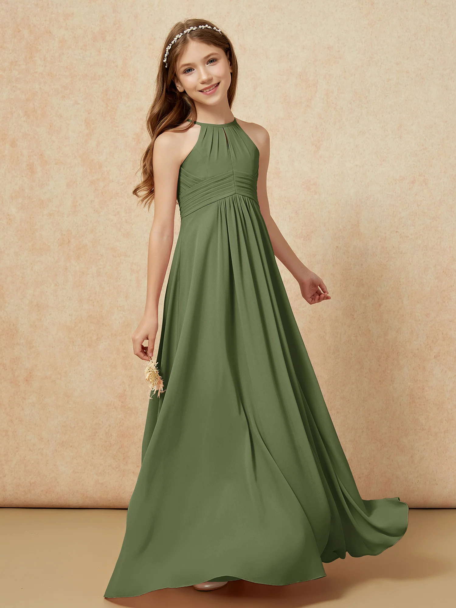 Simple Sleeveless Empire Long Junior Bridesmaid Dress Olive Green - Image 3