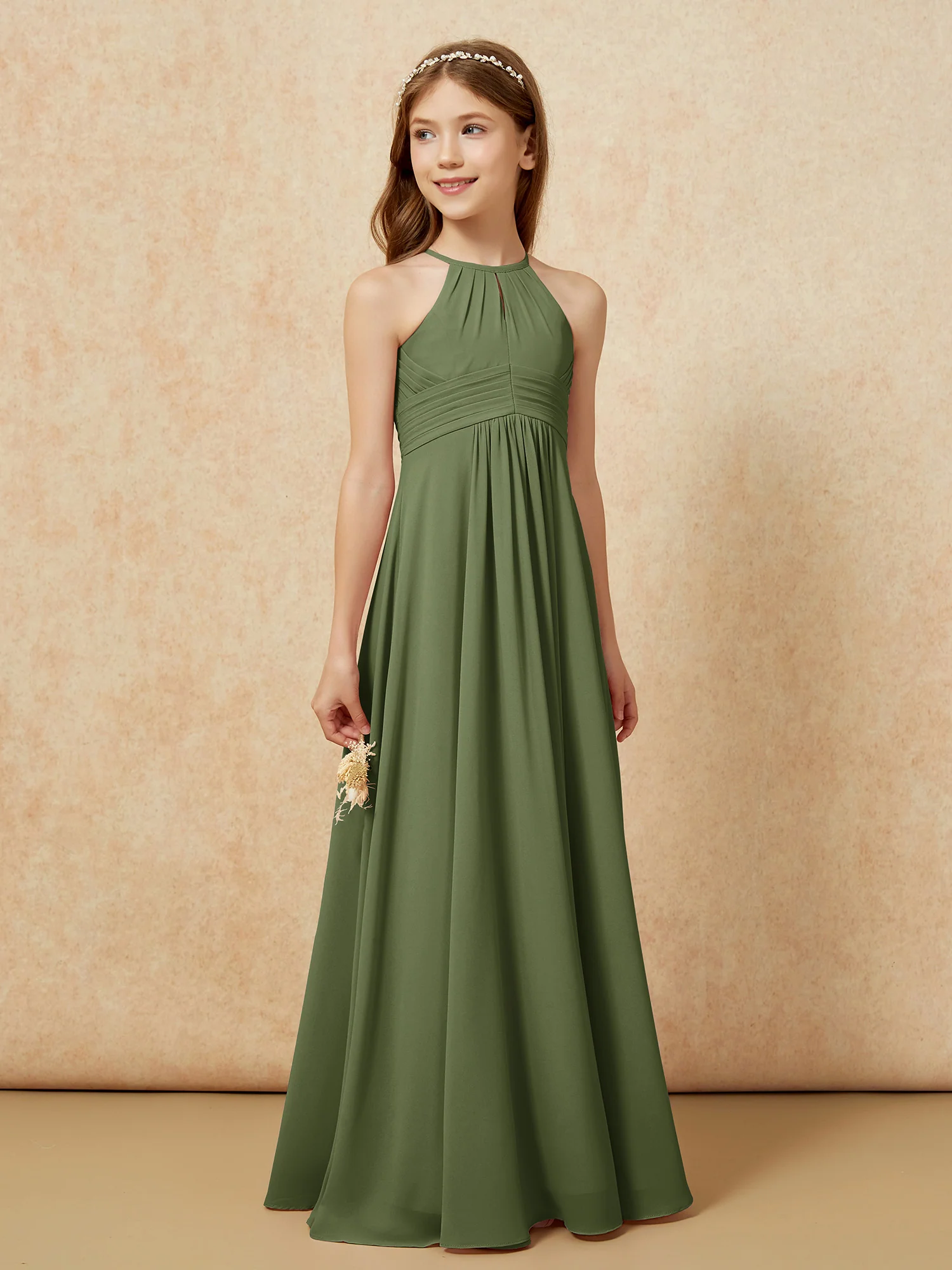 Simple Sleeveless Empire Long Junior Bridesmaid Dress Olive Green - Image 4