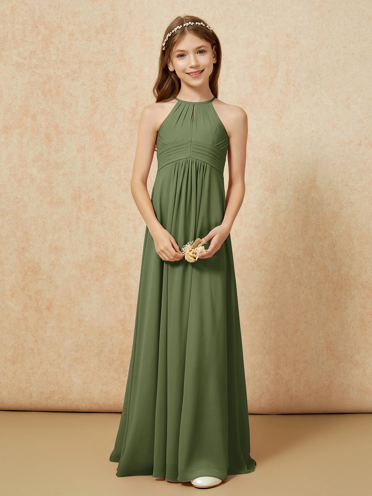 Simple Sleeveless Empire Long Junior Bridesmaid Dress Olive Green - Image 5