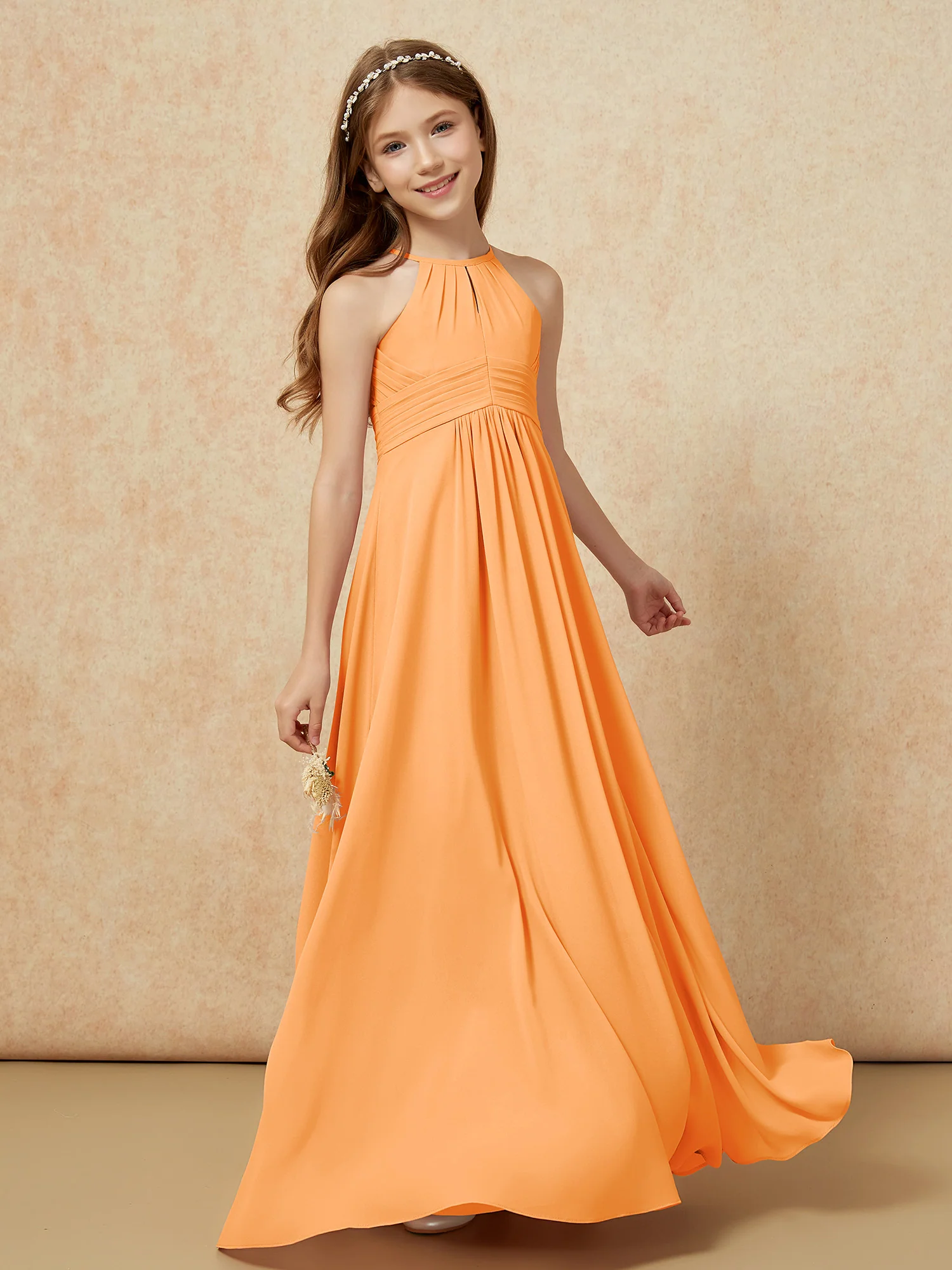 Simple Sleeveless Empire Long Junior Bridesmaid Dress Orange - Image 3