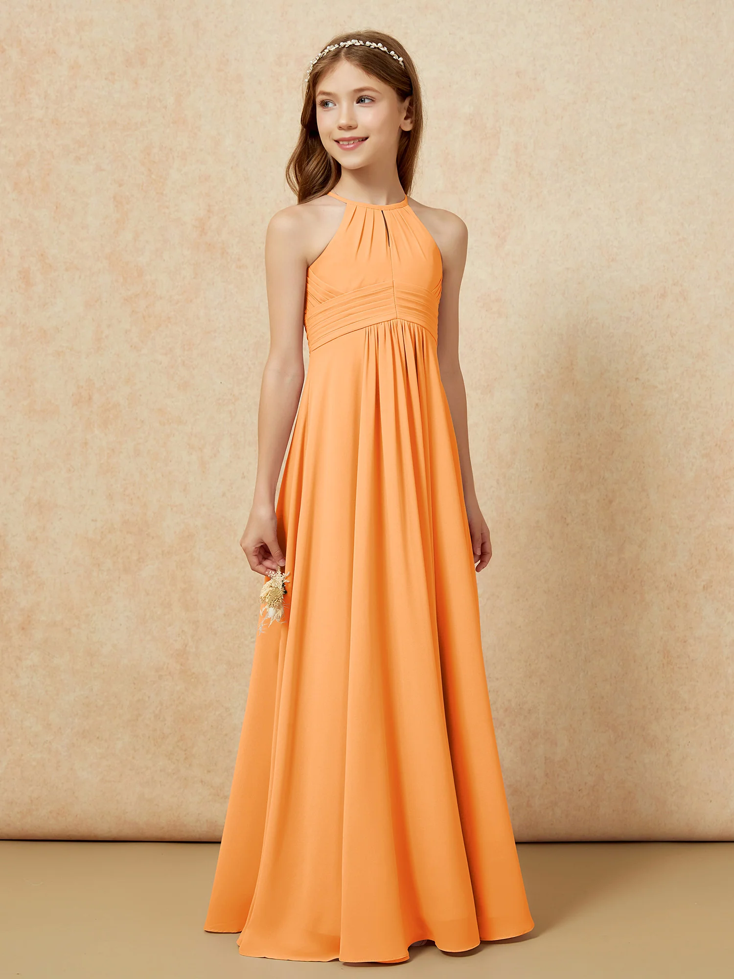 Simple Sleeveless Empire Long Junior Bridesmaid Dress Orange - Image 4