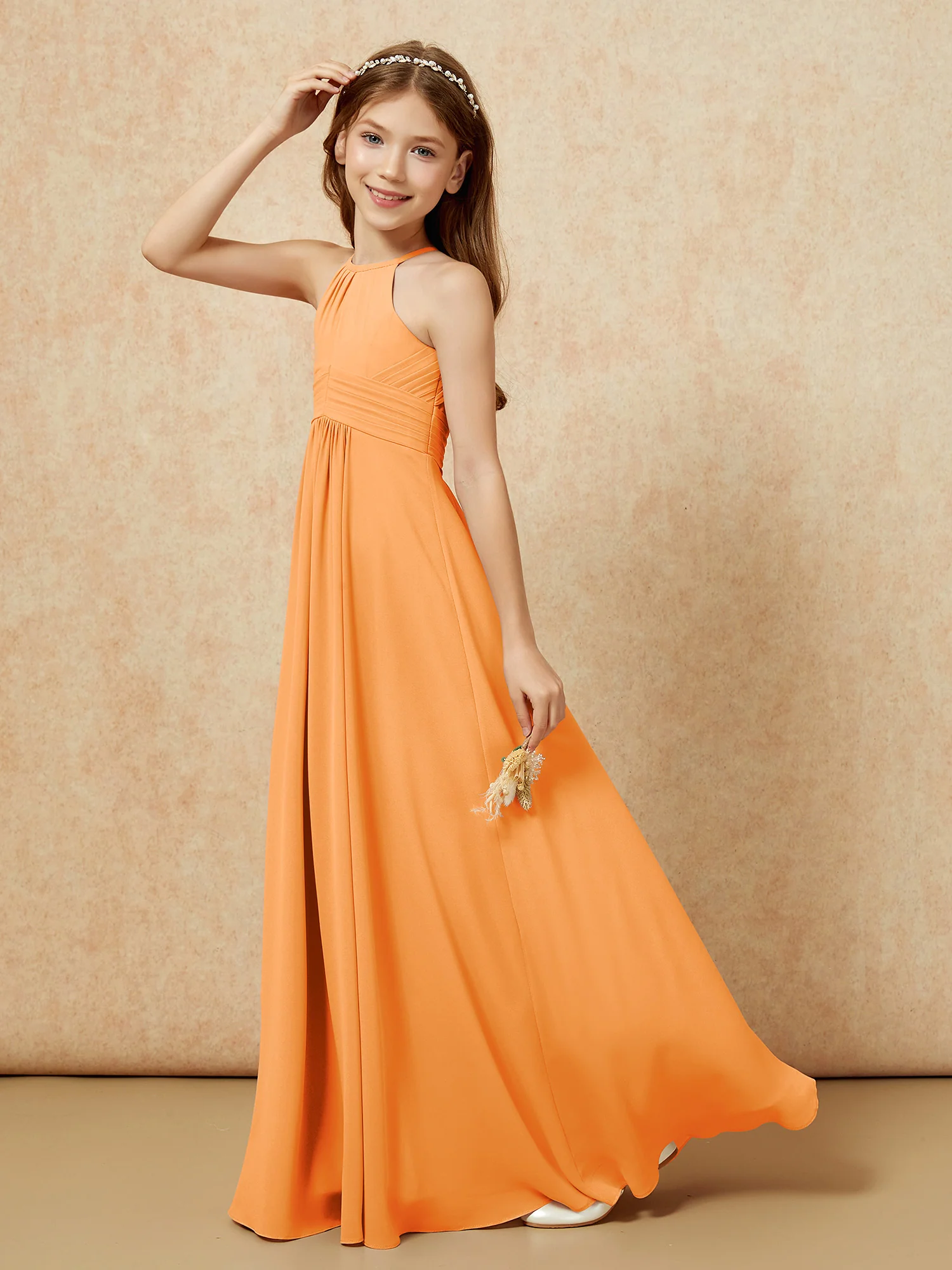 Simple Sleeveless Empire Long Junior Bridesmaid Dress Orange - Image 6